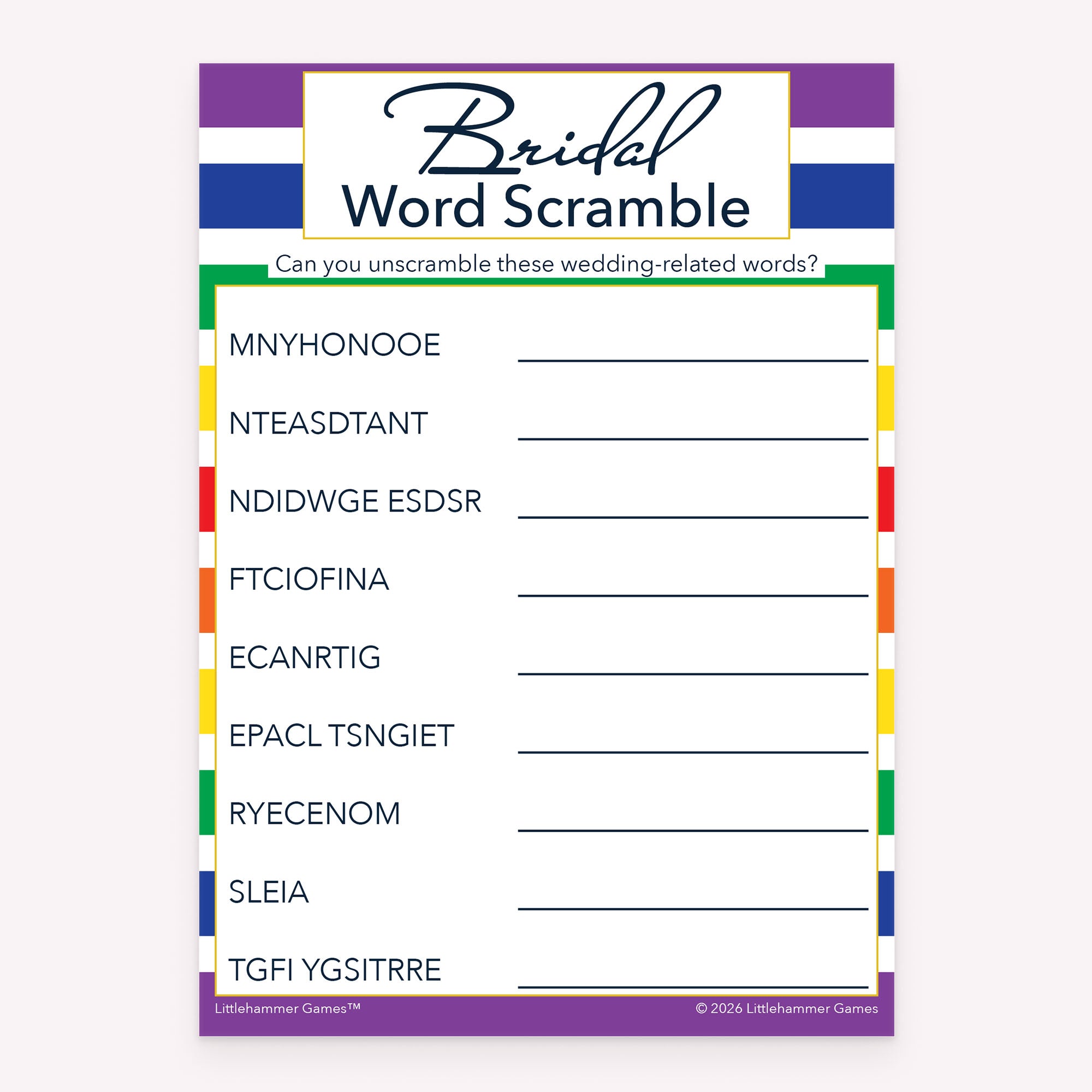 Rainbow stripe printable bridal shower Bridal Word Scramble activity card