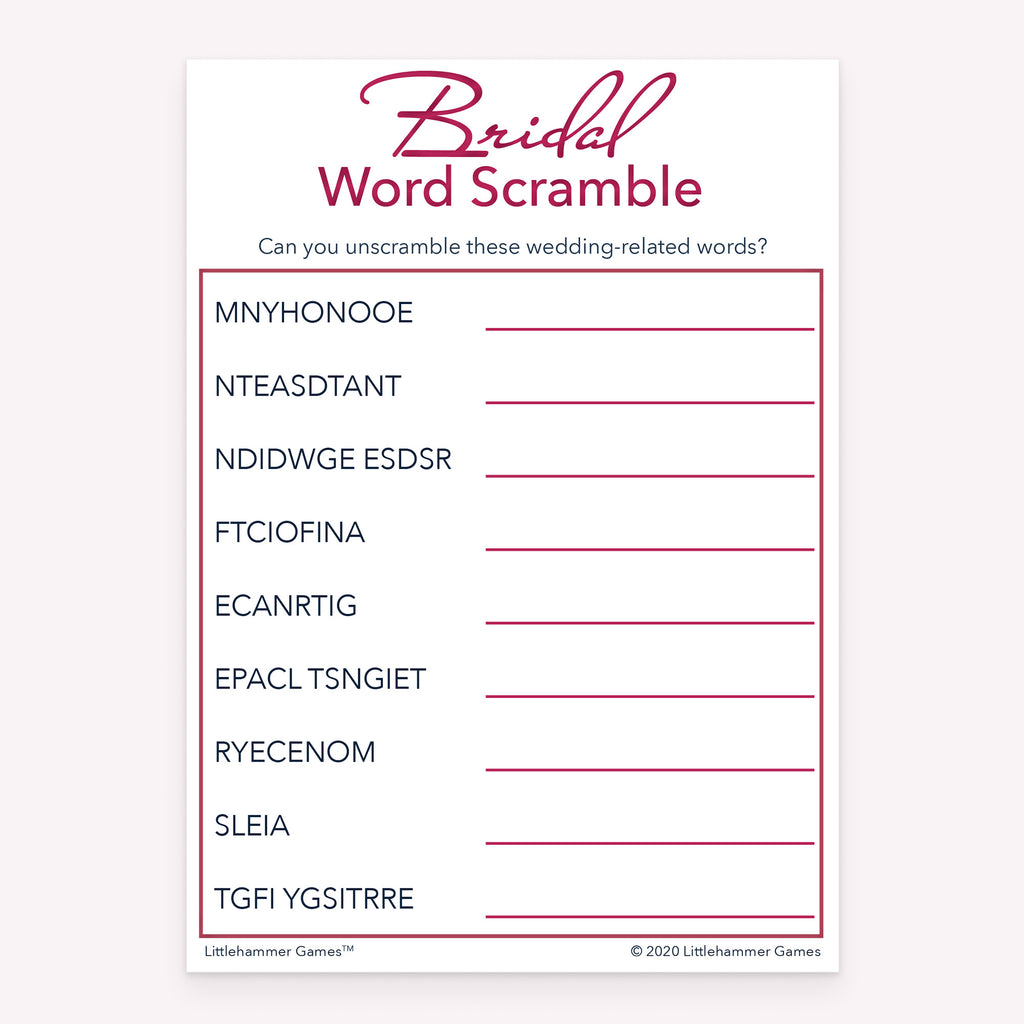 Rose gold design bridal shower printable Bridal Word Scramble card