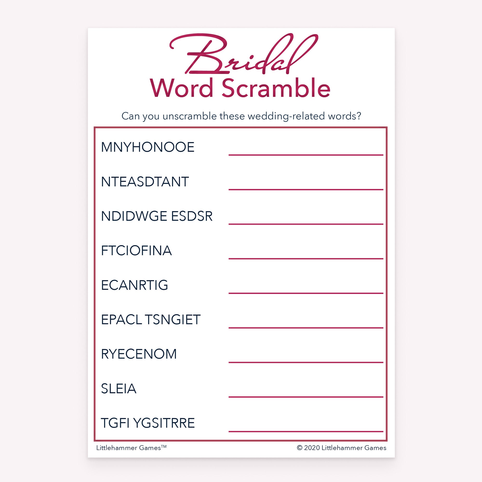 Rose gold design bridal shower printable Bridal Word Scramble card