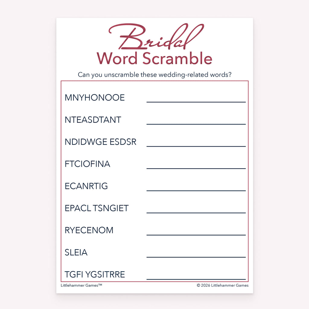 Rose gold design bridal shower printable Bridal Word Scramble card