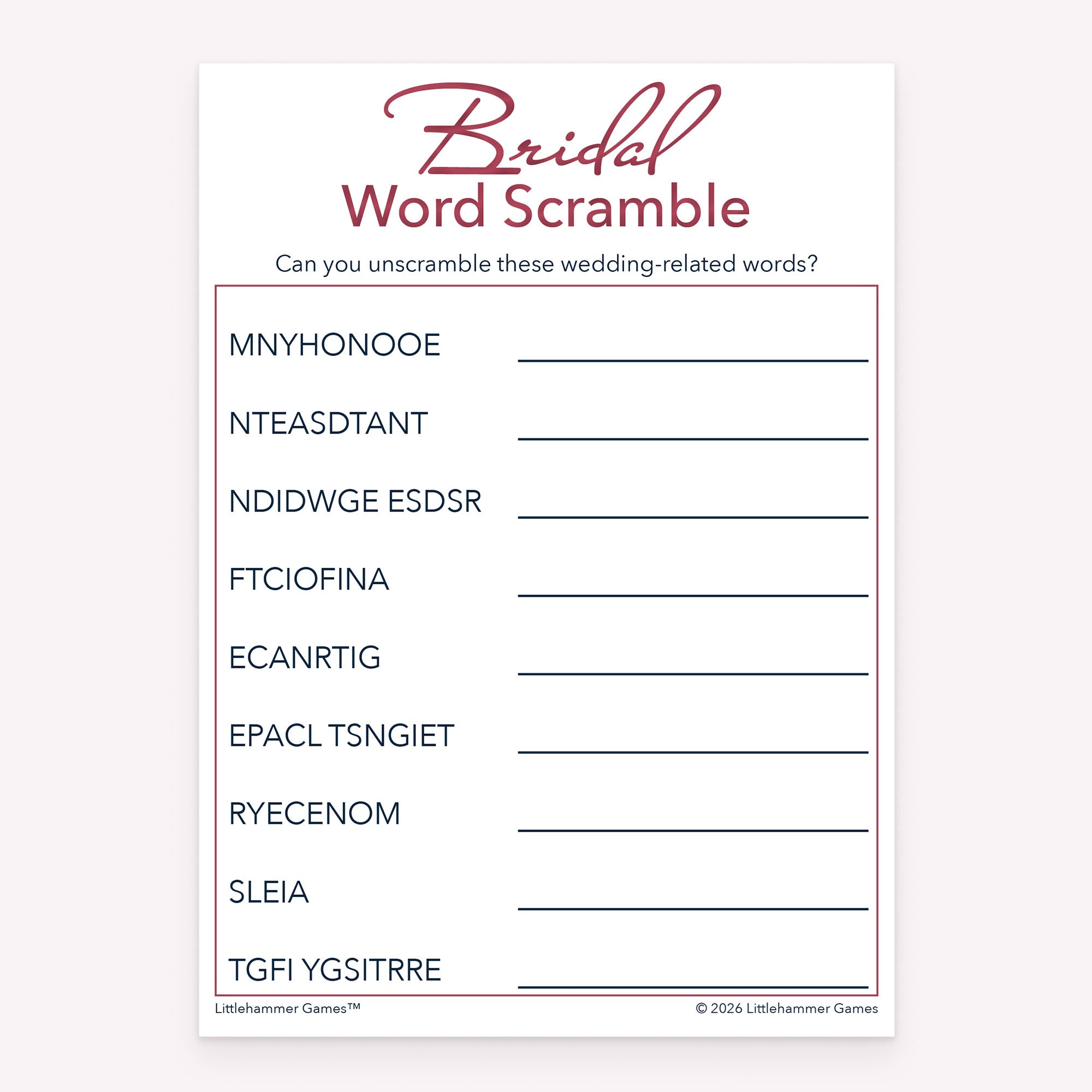 Rose gold design bridal shower printable Bridal Word Scramble card