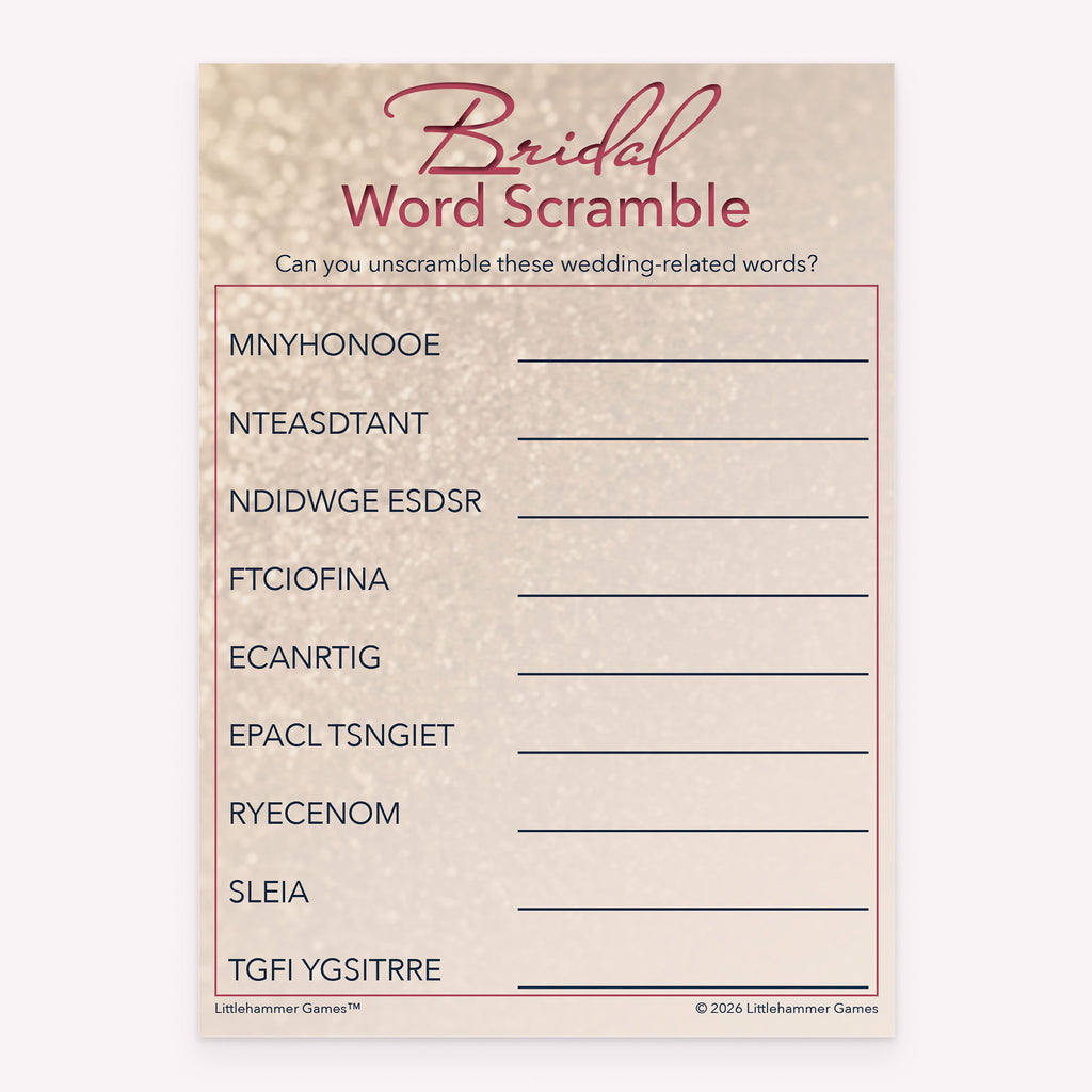 Bridal Word Scramble printable bridal shower activity in glittery rose gold style