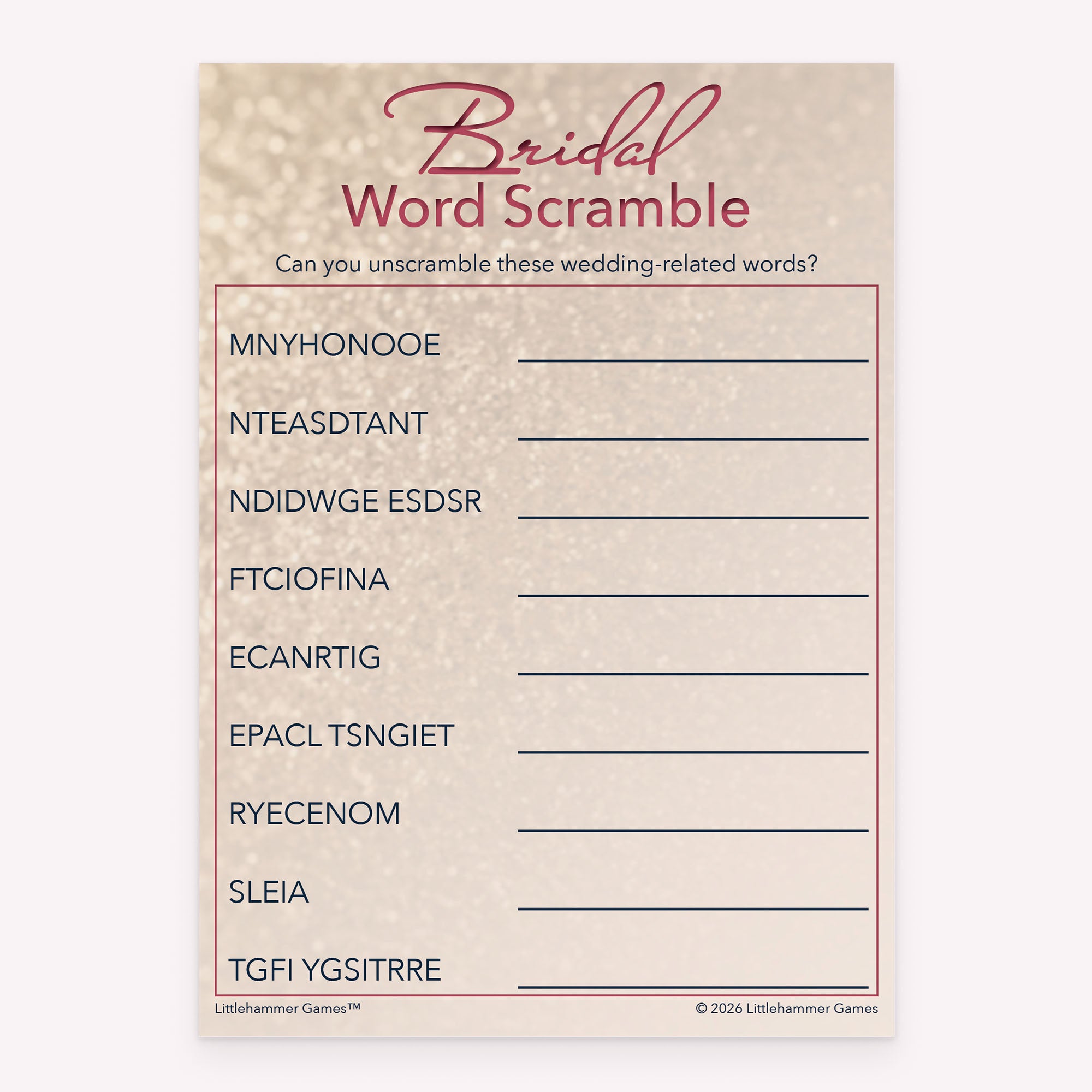 Bridal Word Scramble printable bridal shower activity in glittery rose gold style