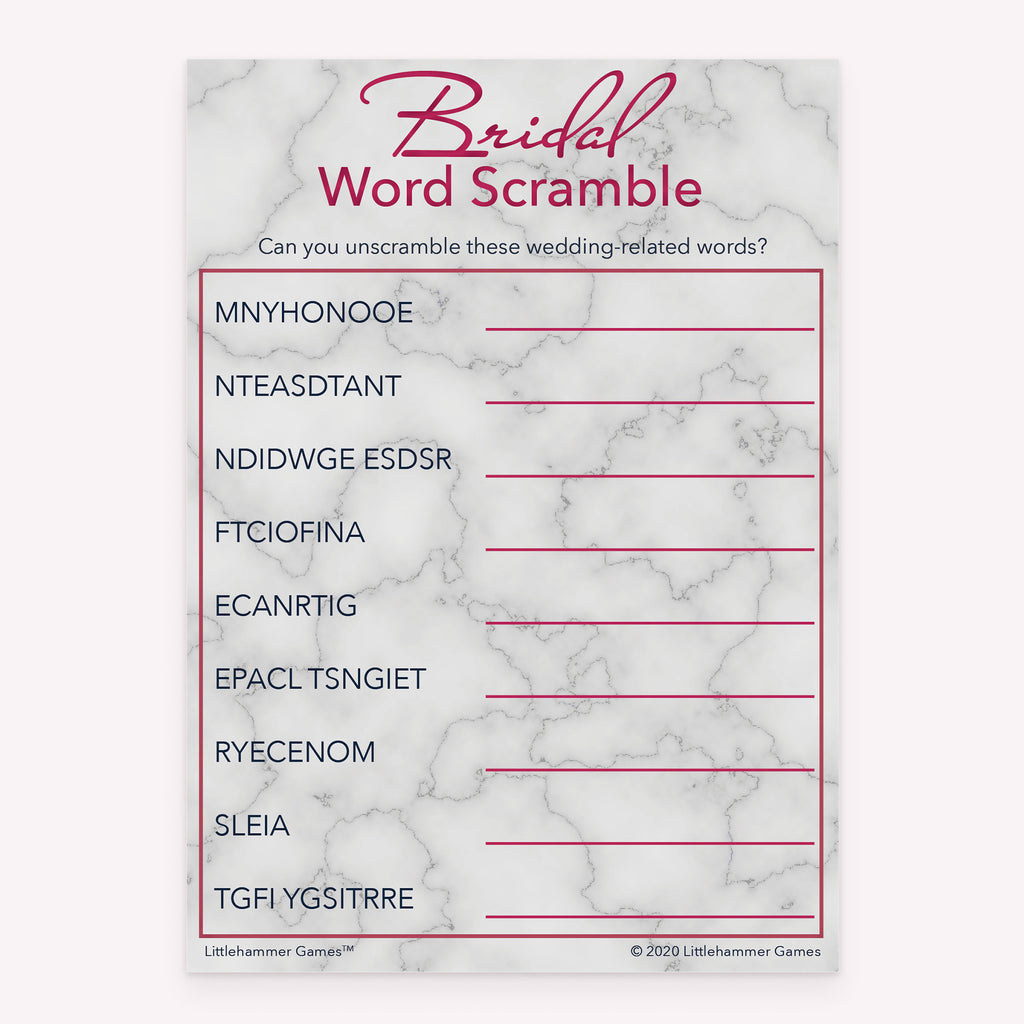 Bridal shower printable Bridal Word Scramble card featuring rose gold and marble design