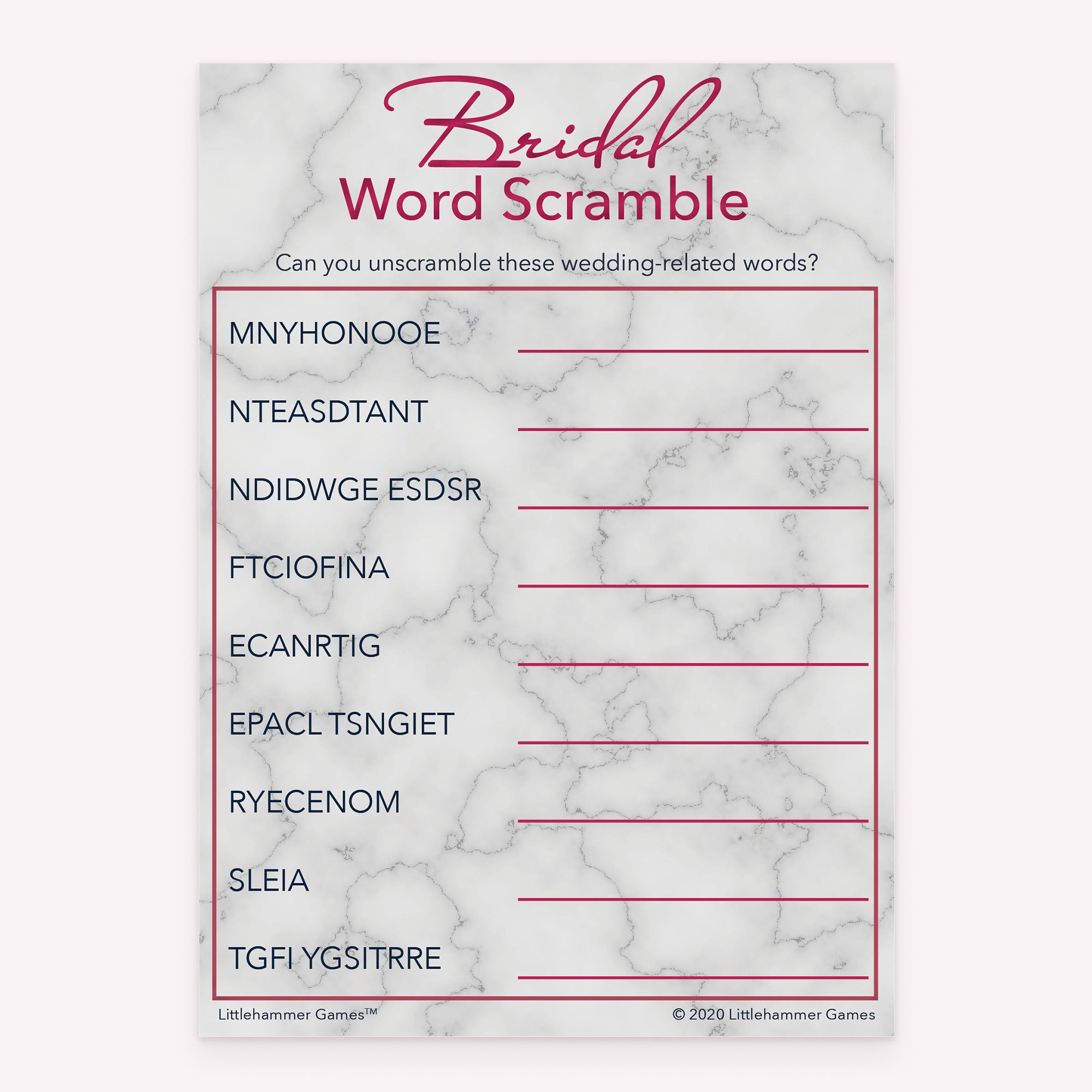 Bridal shower printable Bridal Word Scramble card featuring rose gold and marble design