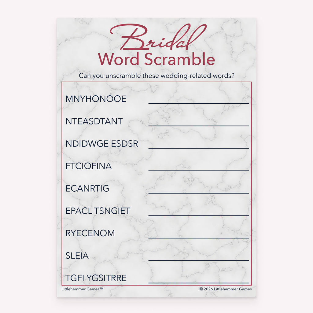 Bridal shower printable Bridal Word Scramble card featuring rose gold and marble design