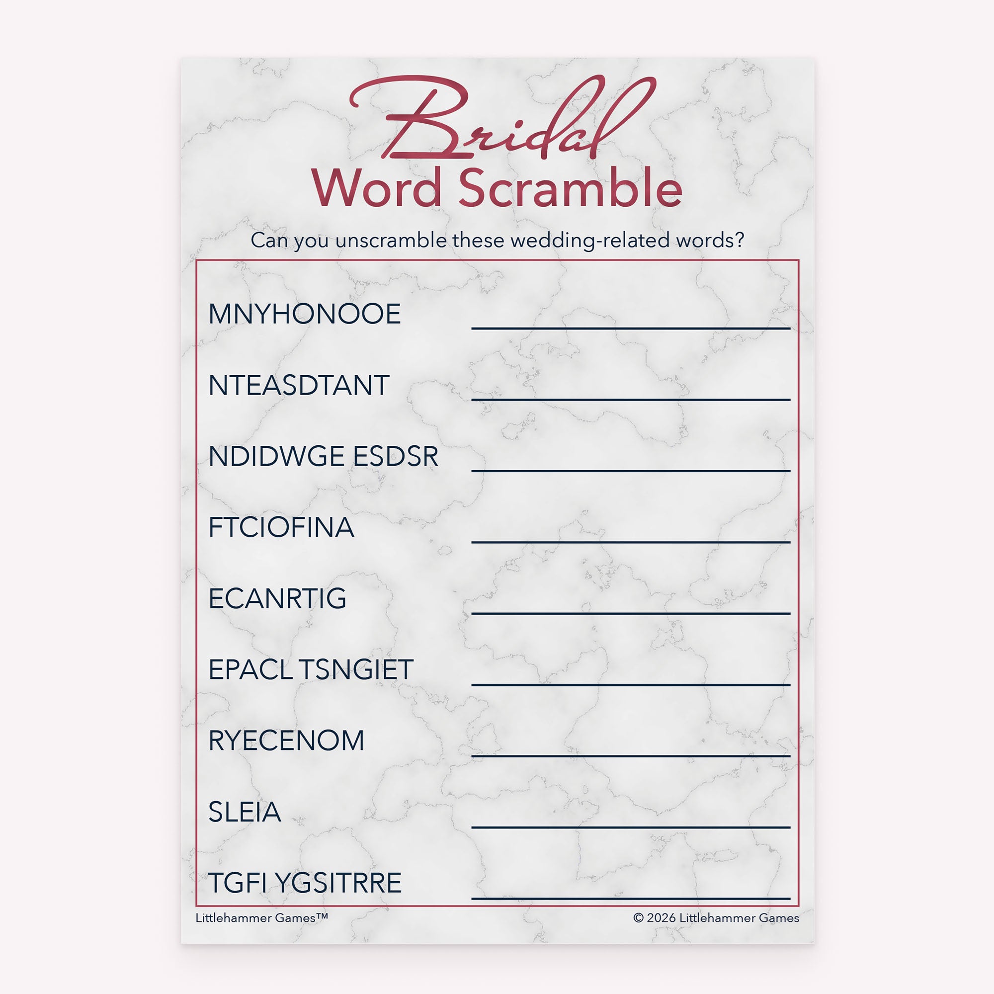 Bridal shower printable Bridal Word Scramble card featuring rose gold and marble design
