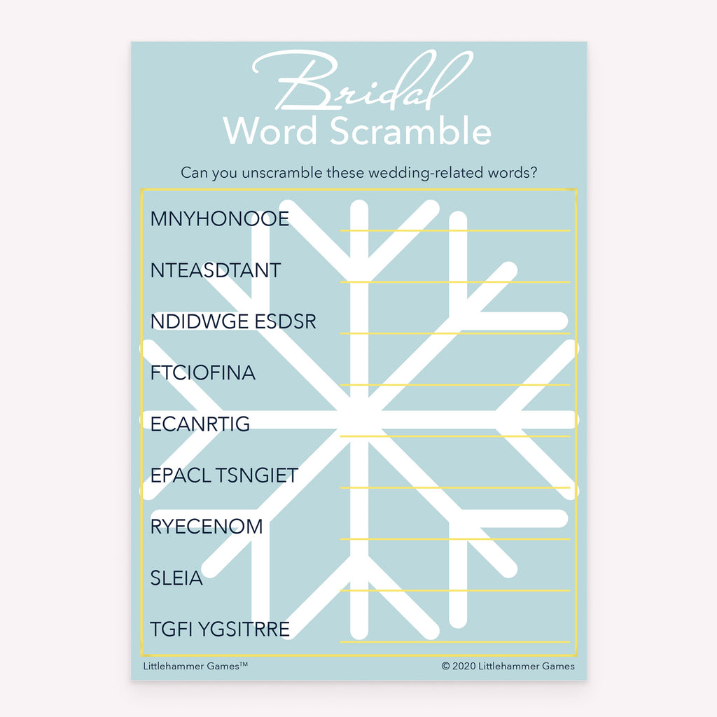 Bridal shower Bridal Word Scramble game card printable in light snowflake design