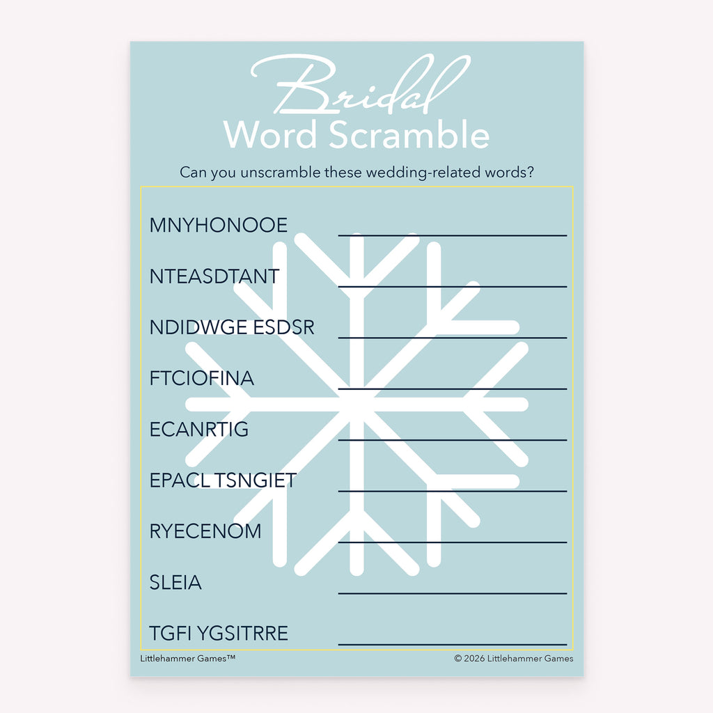 Bridal shower Bridal Word Scramble game card printable in light snowflake design