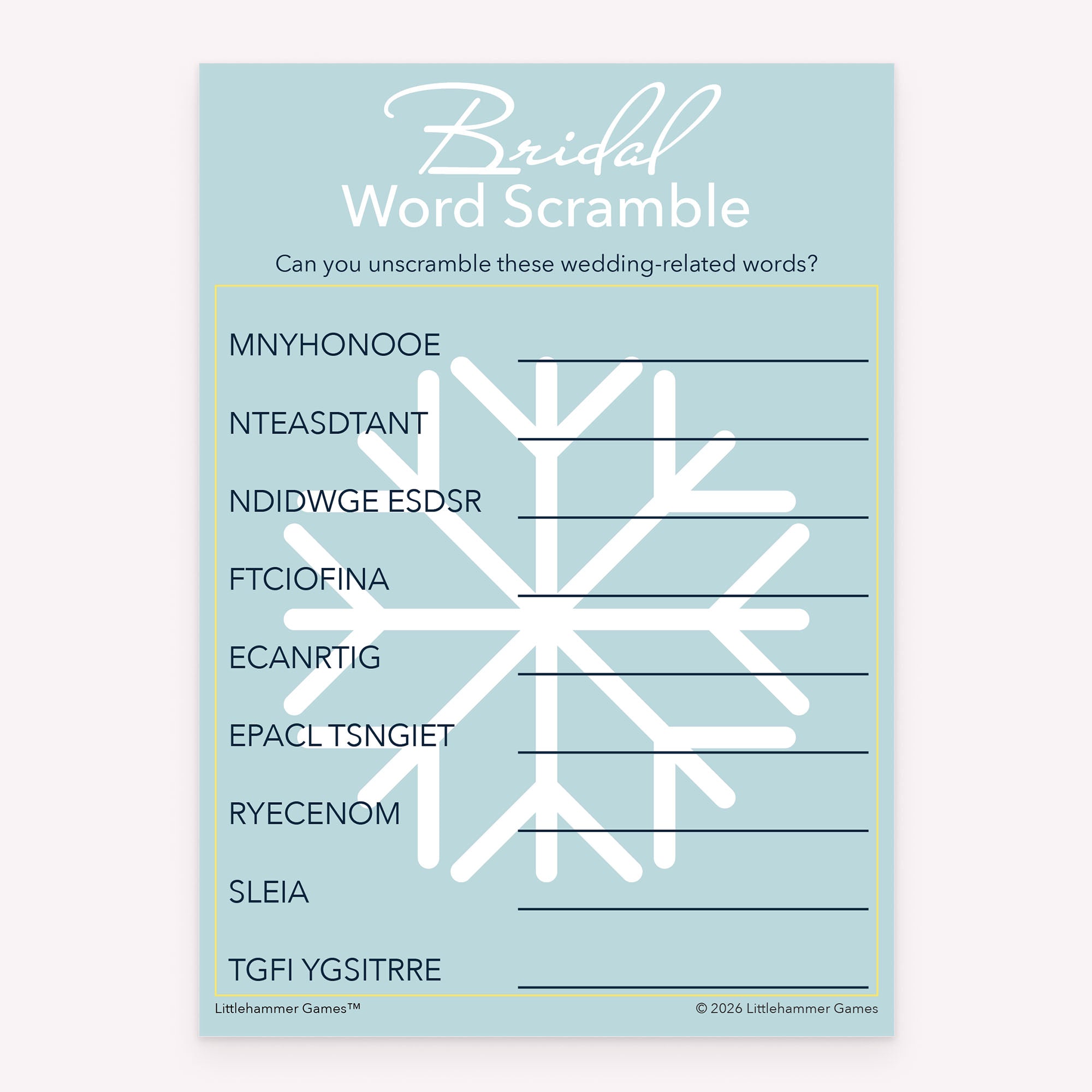Bridal shower Bridal Word Scramble game card printable in light snowflake design