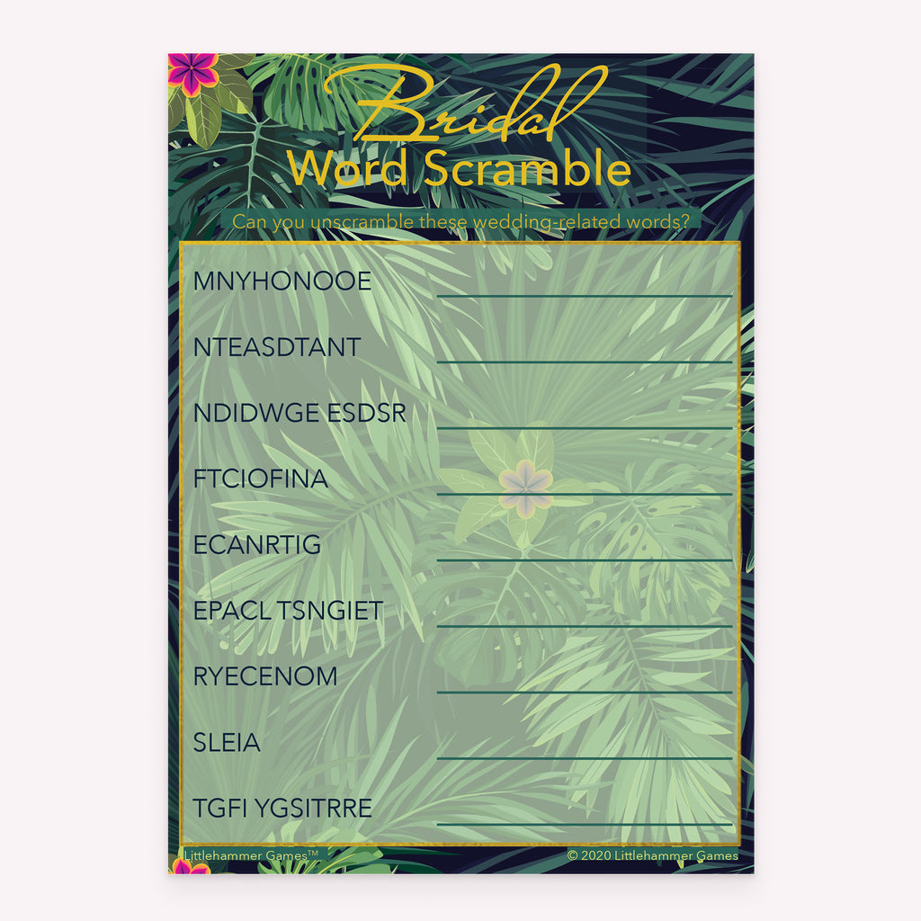 Tropical style printable bridal shower Bridal Word Scramble card