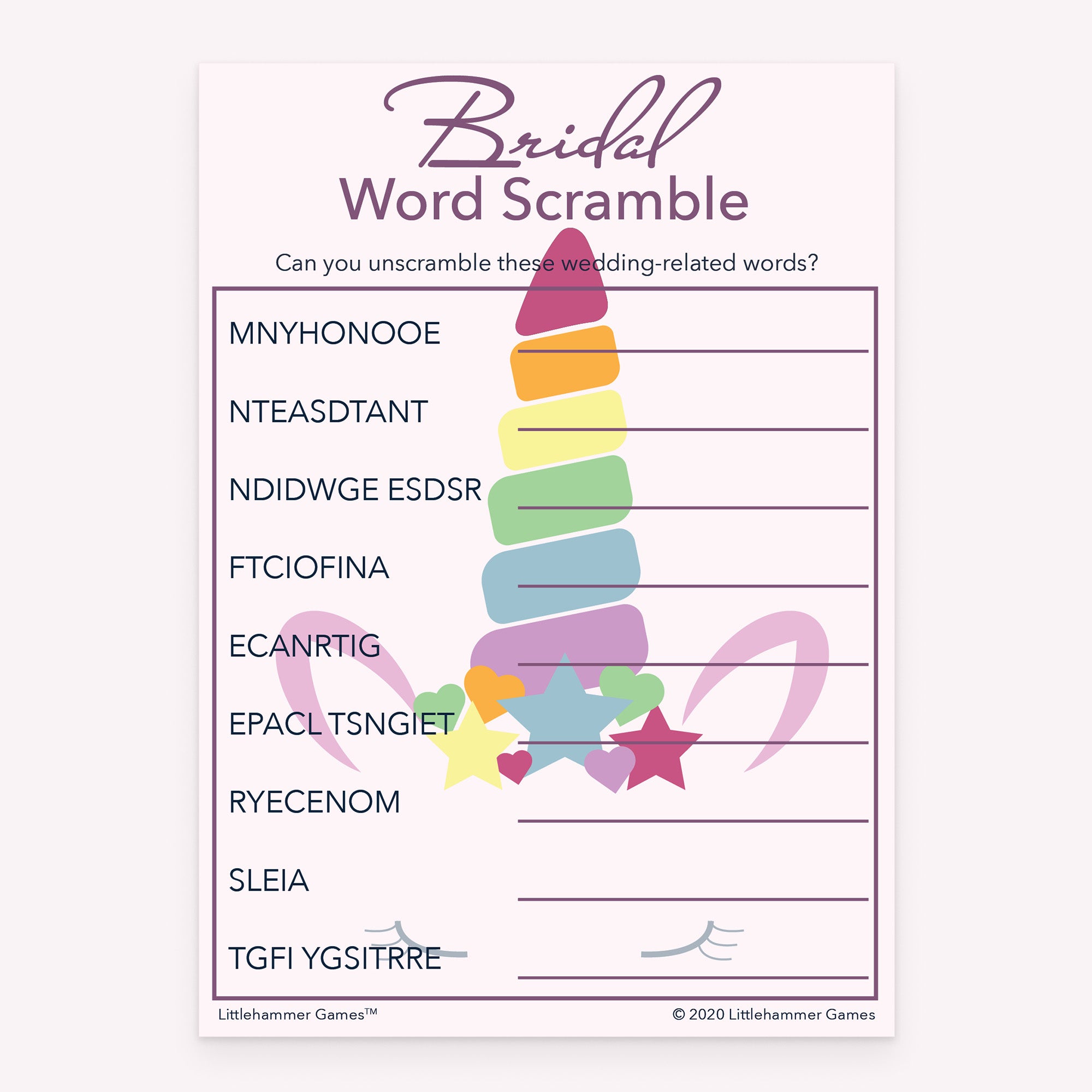 Unicorn-themed Bridal Word Scramble printable bridal shower game card