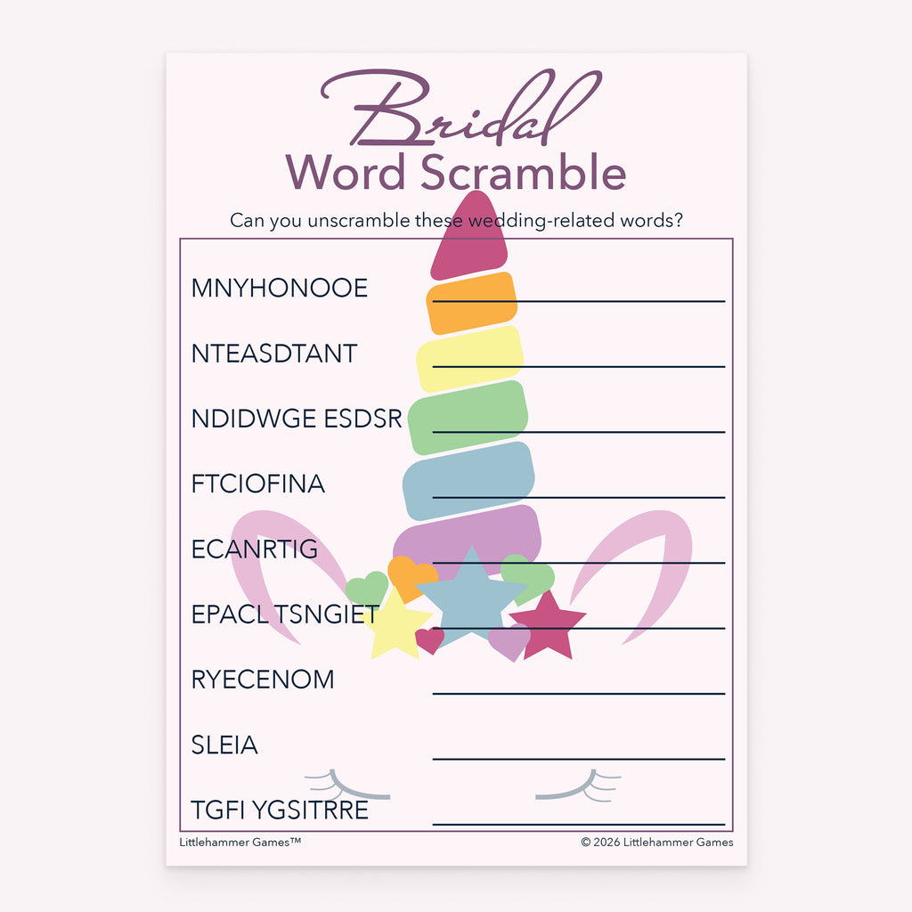 Unicorn-themed Bridal Word Scramble printable bridal shower game card