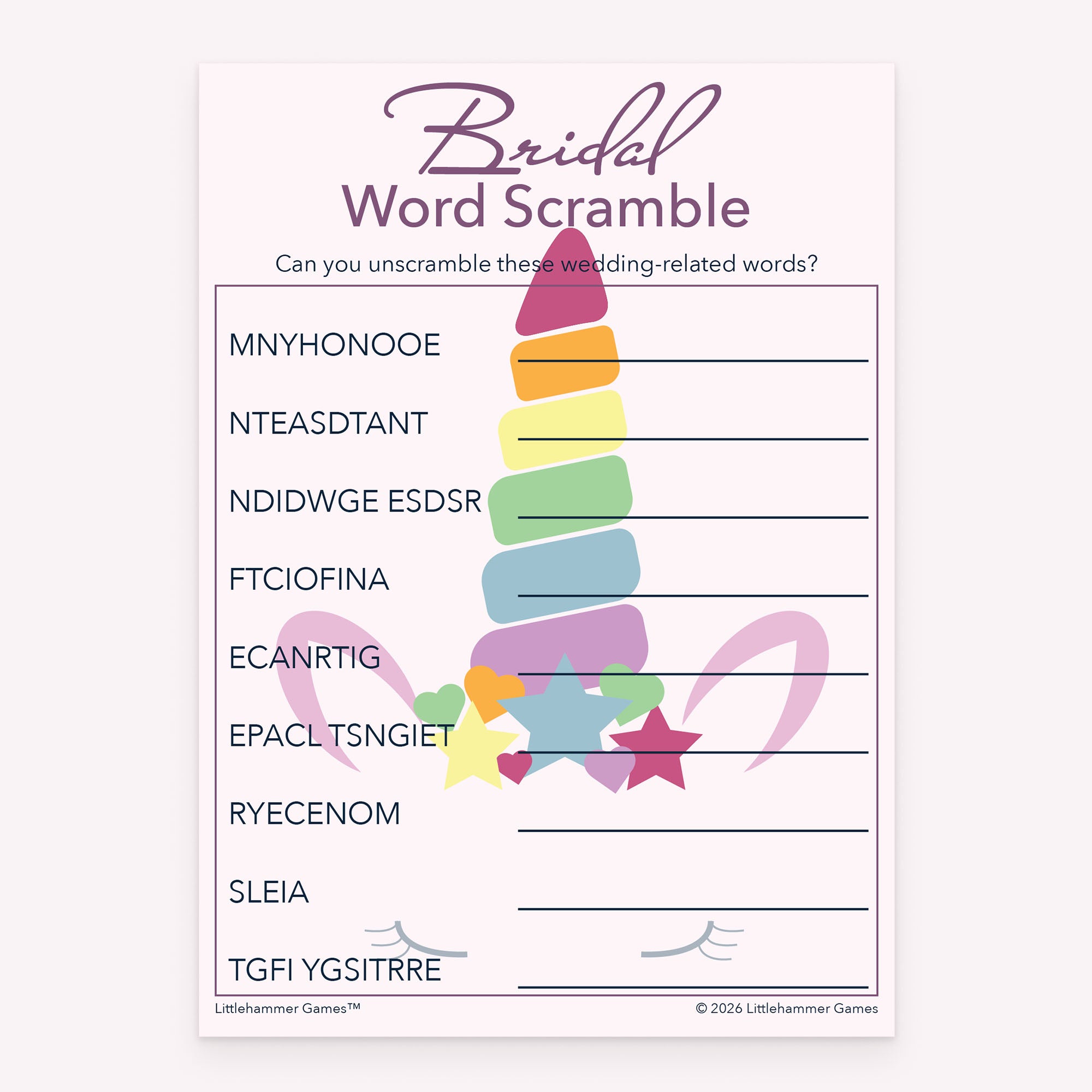 Unicorn-themed Bridal Word Scramble printable bridal shower game card
