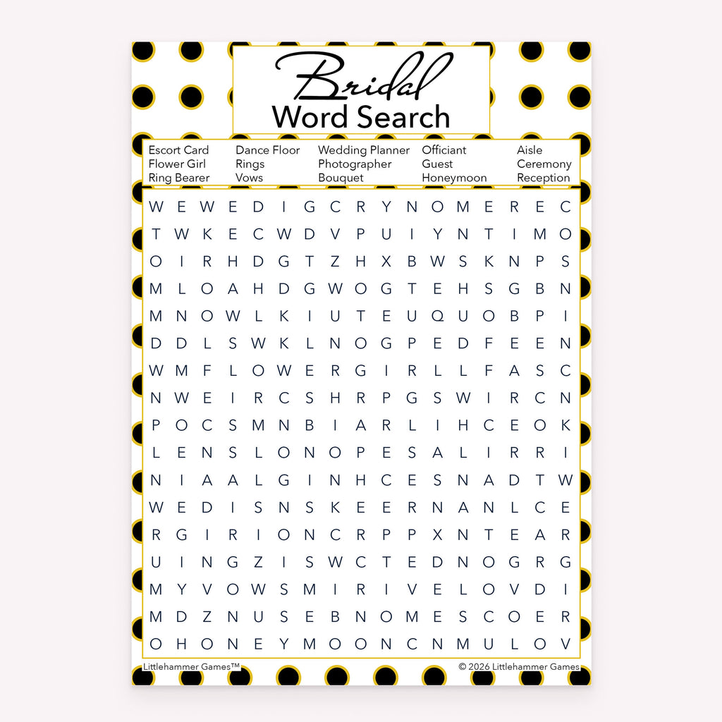 Printable Bridal Word Search bridal shower game card in black and gold polka dot design