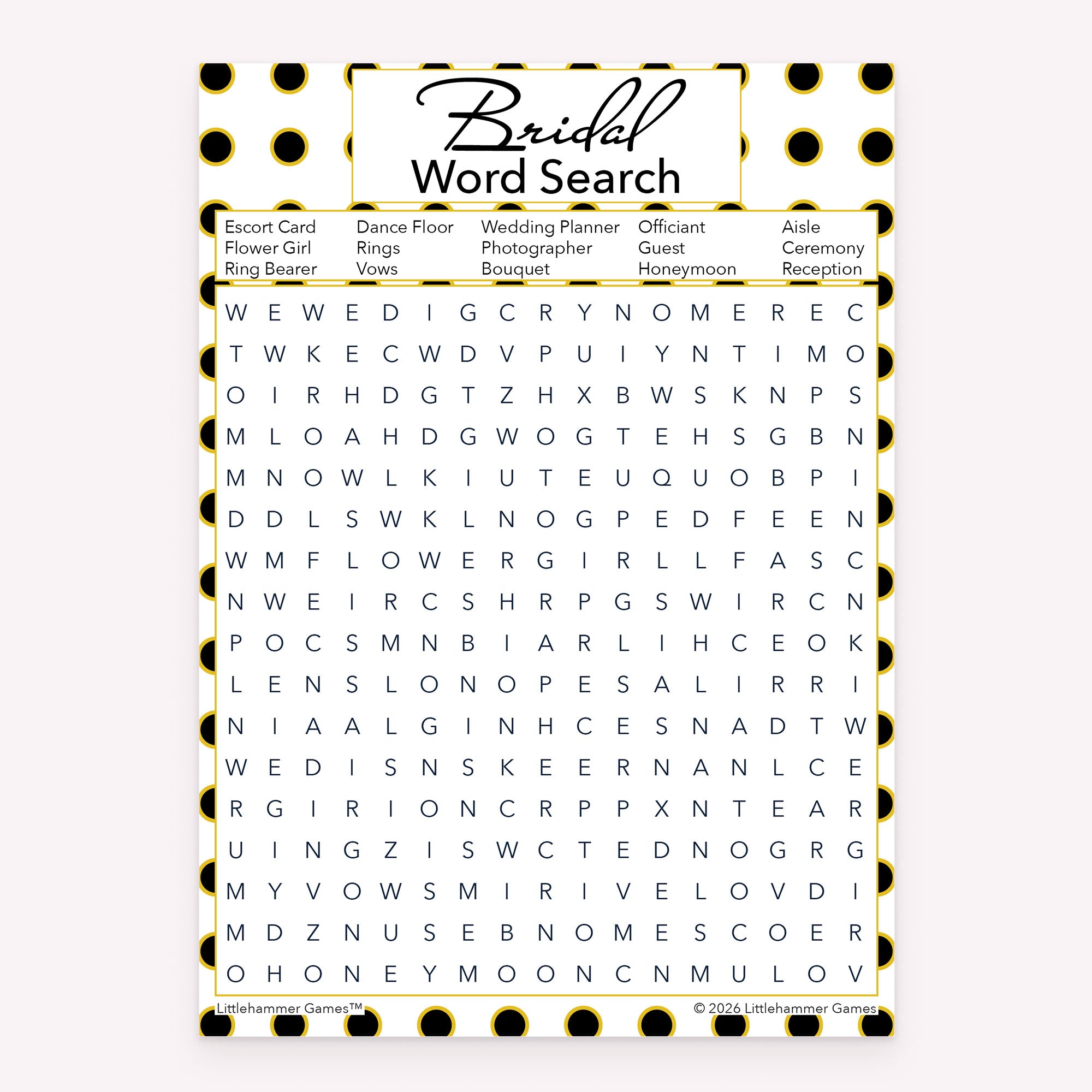 Printable Bridal Word Search bridal shower game card in black and gold polka dot design