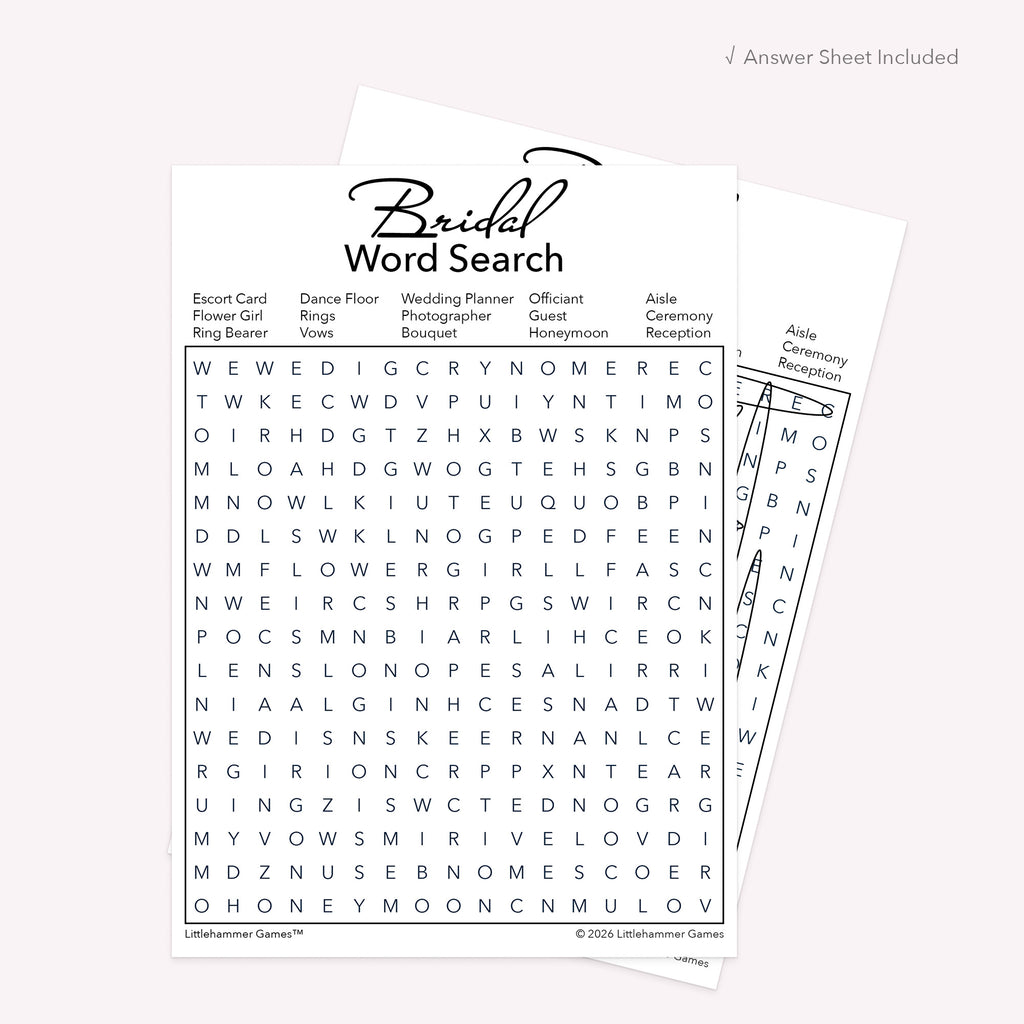 Printable black and white Bridal Word Search card displayed with included answer sheet