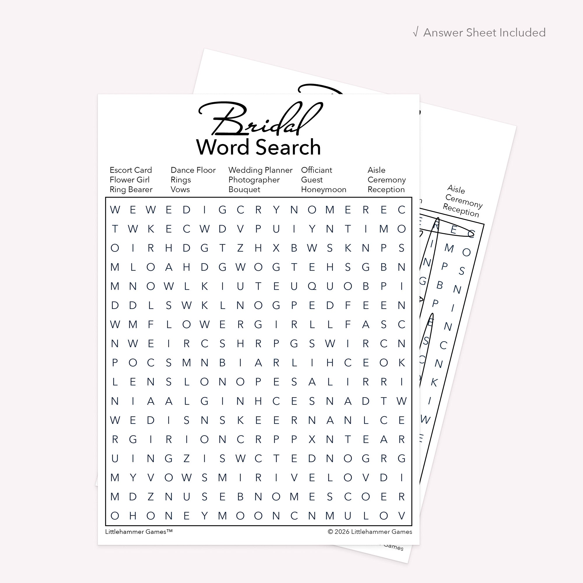 Printable black and white Bridal Word Search card displayed with included answer sheet