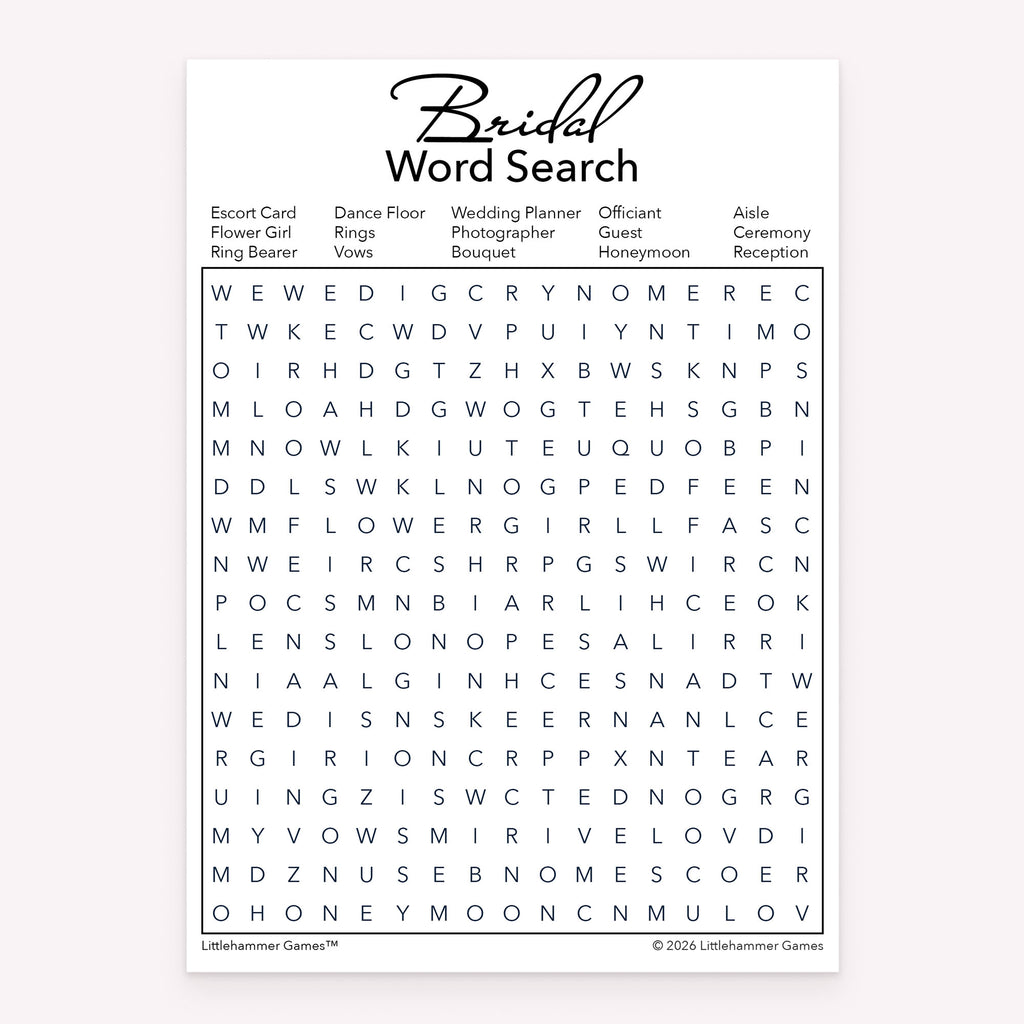 Black and white minimalist printable bridal shower word search game card
