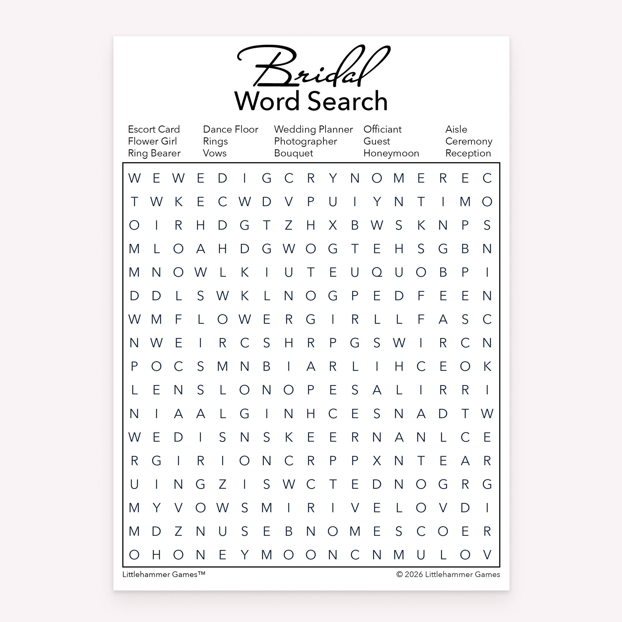 Black and white minimalist printable bridal shower word search game card