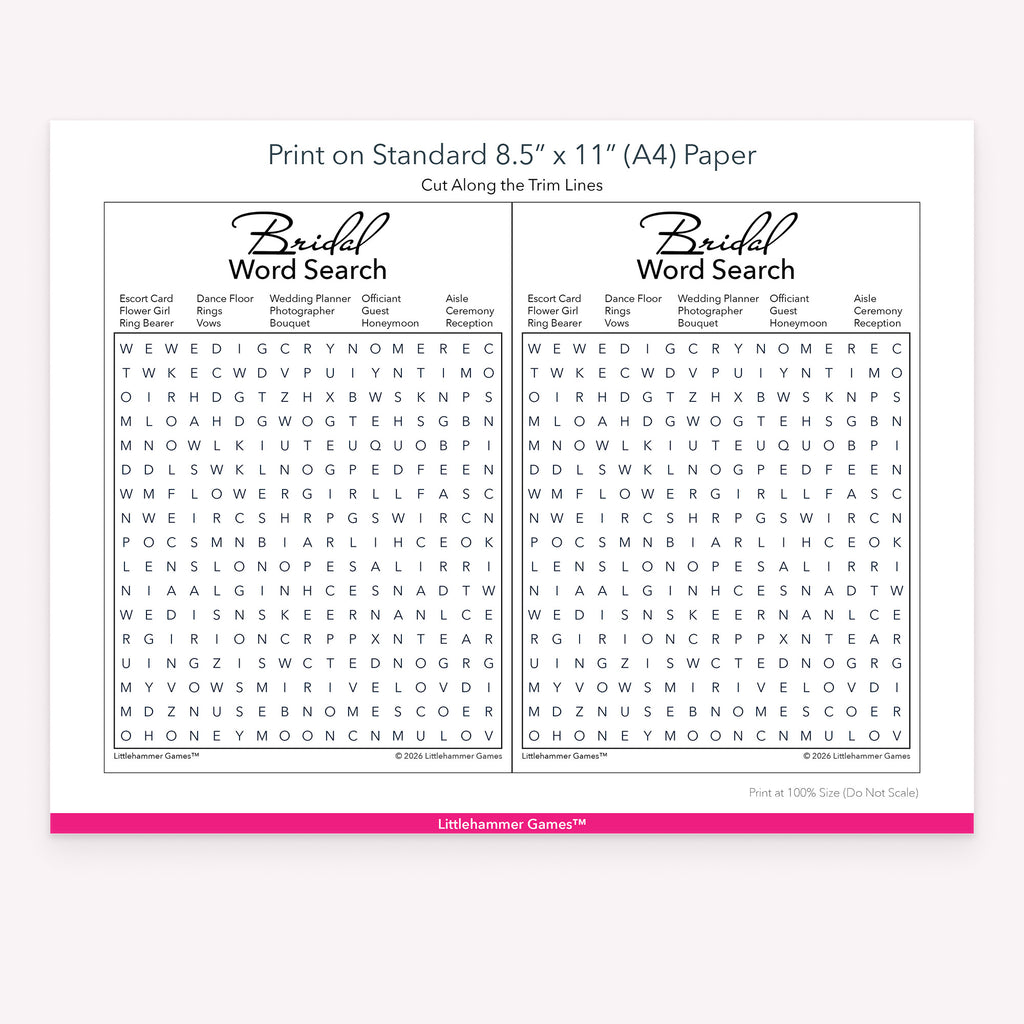 Printable black and white Bridal Word Search game card layout showing US Letter size dimensions and printing information
