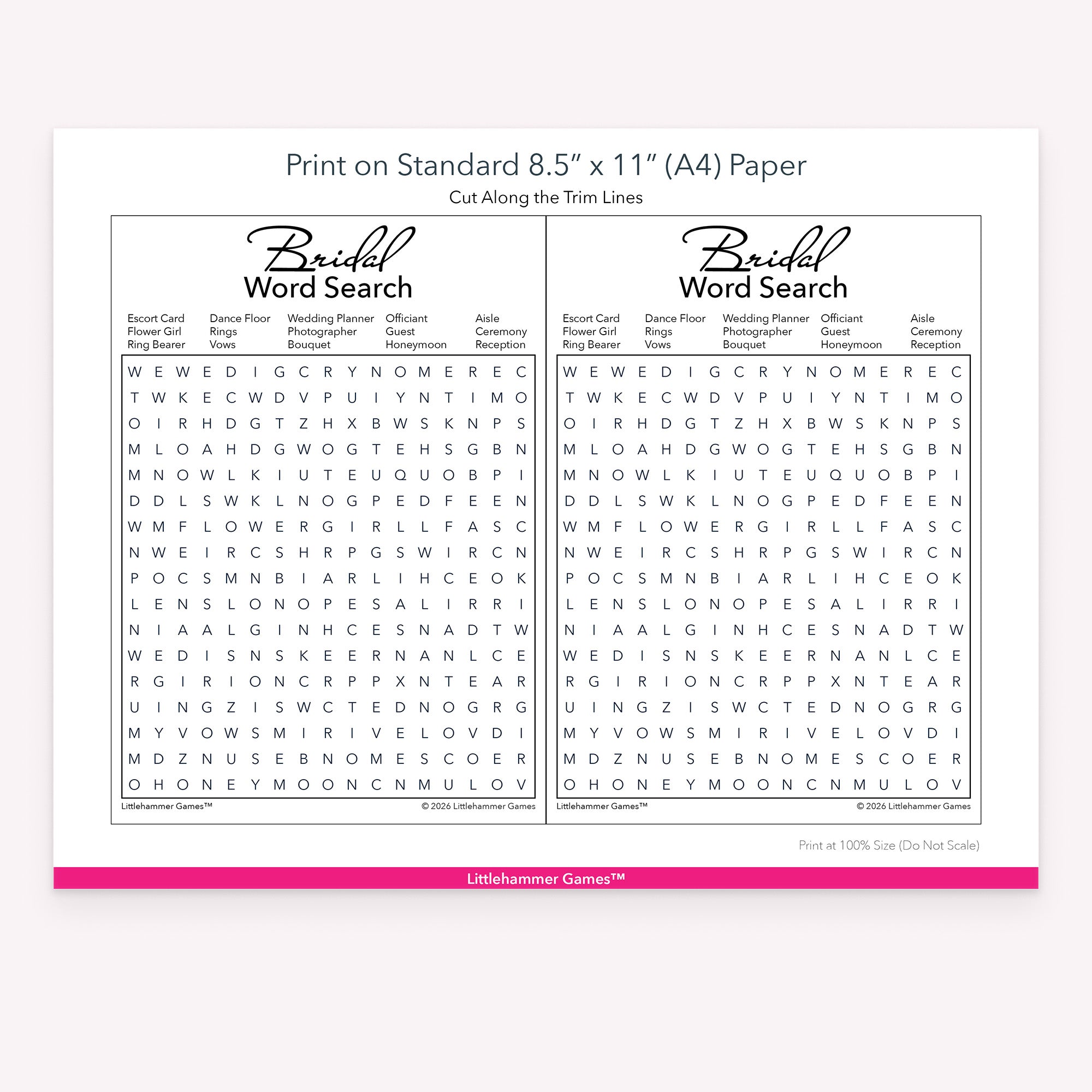 Printable bridal shower game bundle printing instructions for US Letter and A4 PDF files