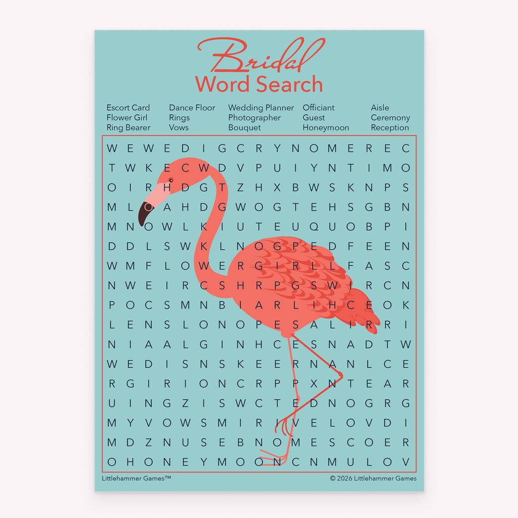Bridal Word Search printable bridal shower game card with flamingo background