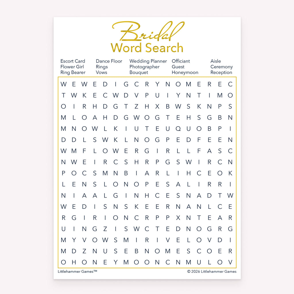 Printable bridal shower Bridal Word Search card in gold and white theme
