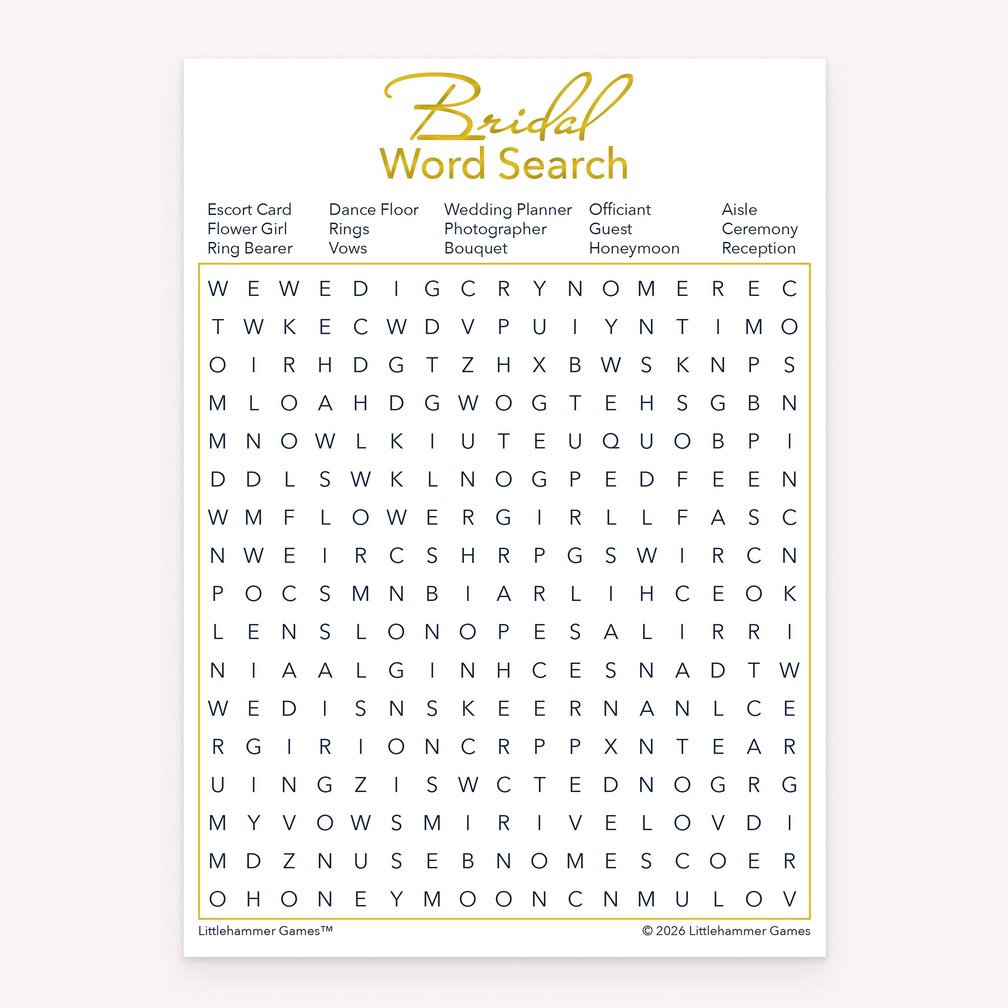 Printable bridal shower Bridal Word Search card in gold and white theme