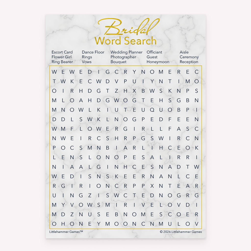 Bridal Word Search bridal shower game card with gold and marble layout