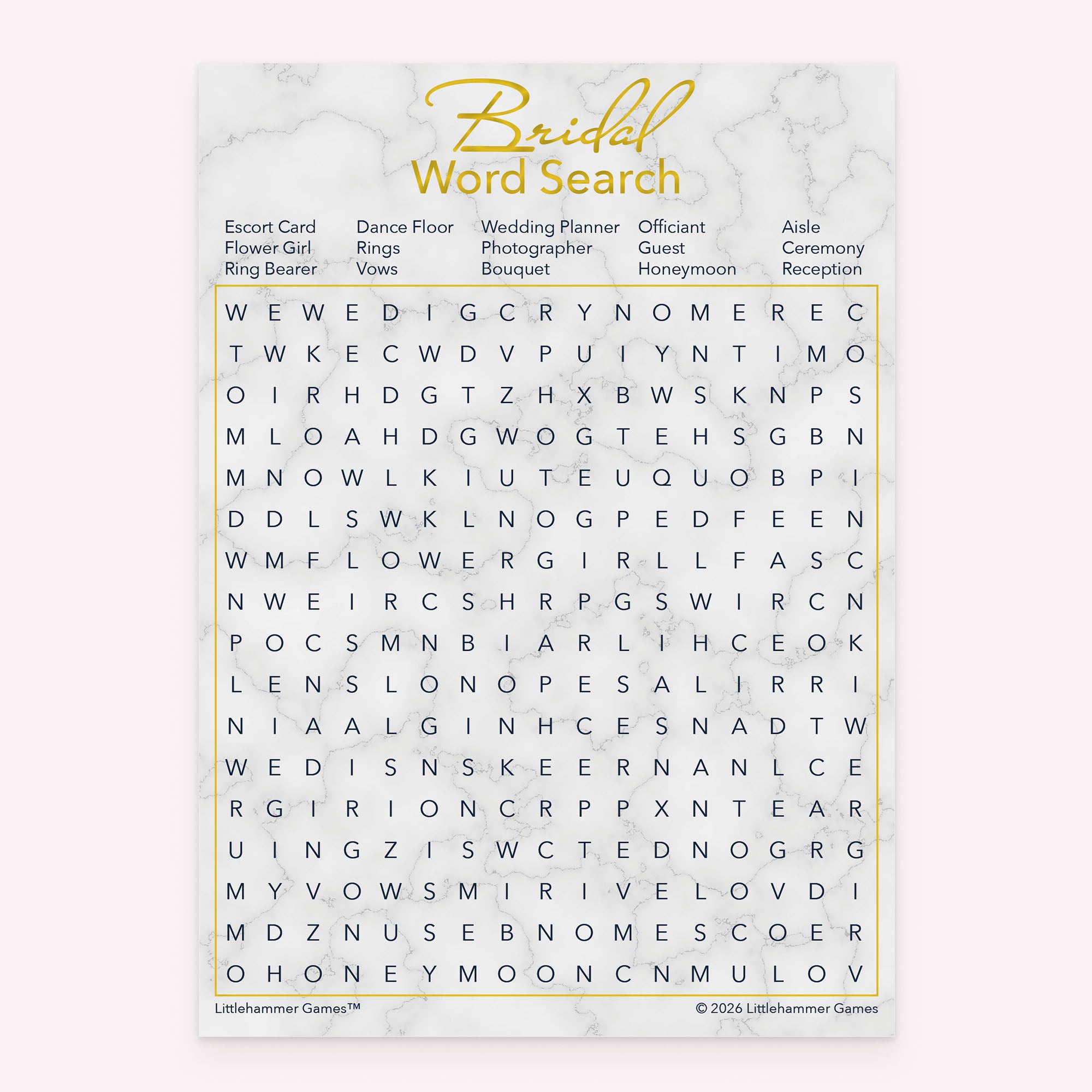 Bridal Word Search bridal shower game card with gold and marble layout