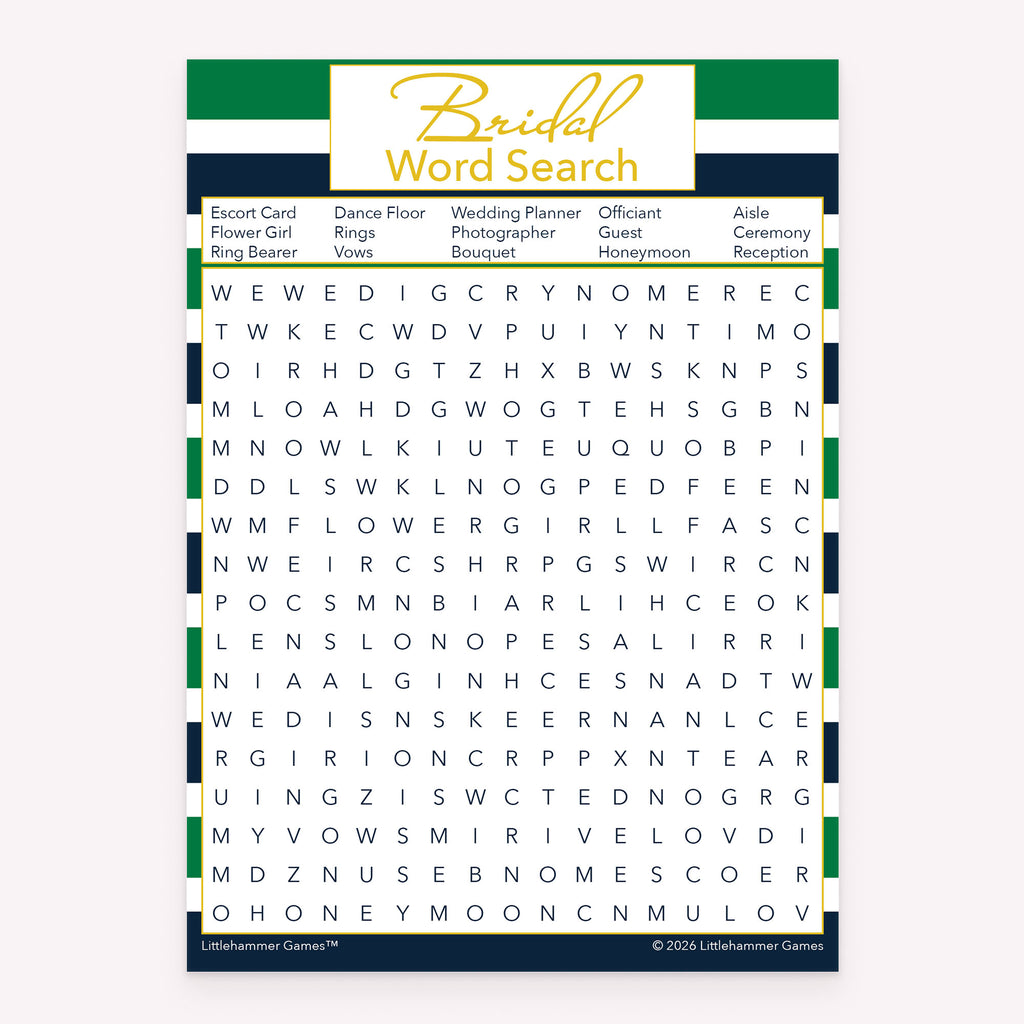 Bridal Word Search bridal shower printable card in green and navy stripes