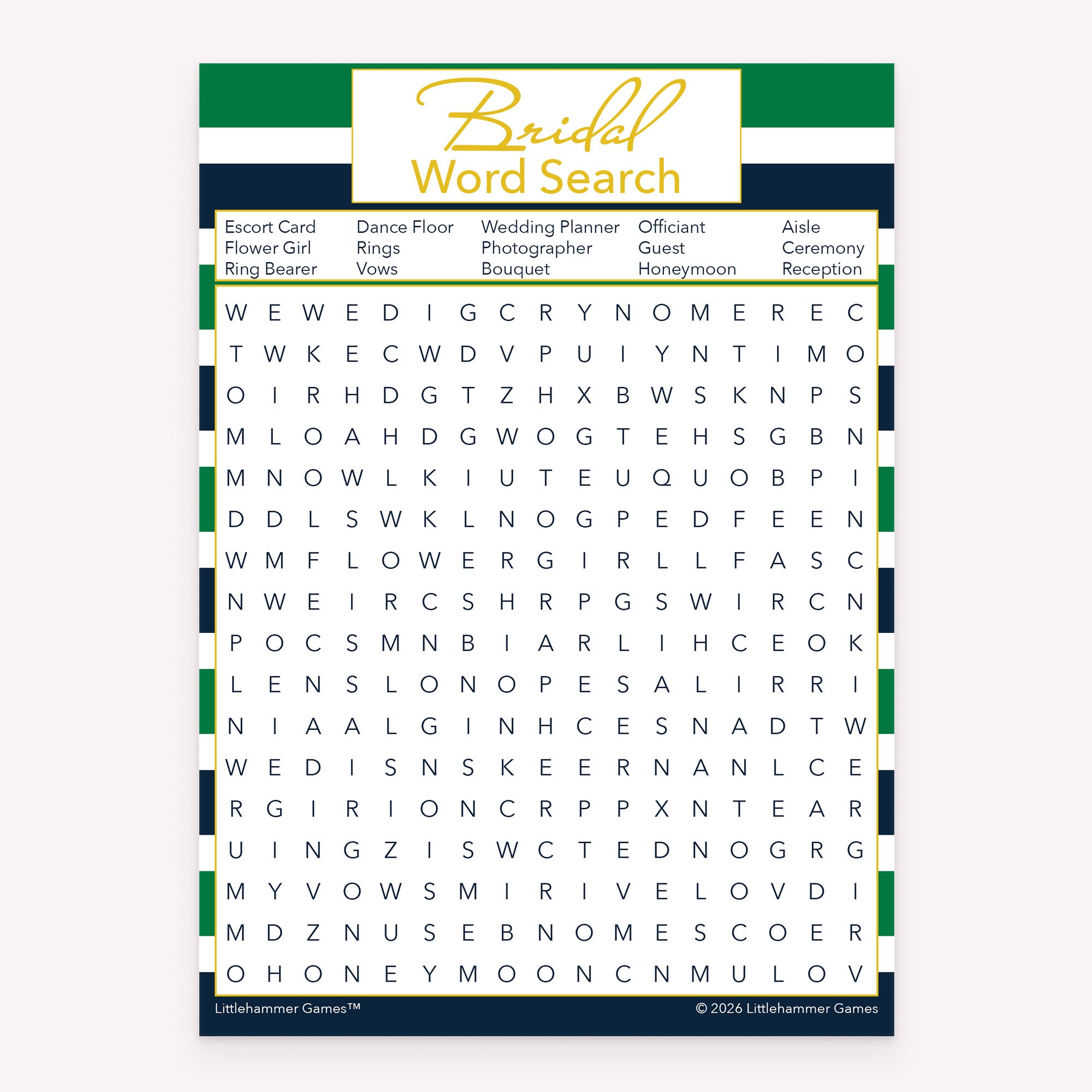 Bridal Word Search bridal shower printable card in green and navy stripes