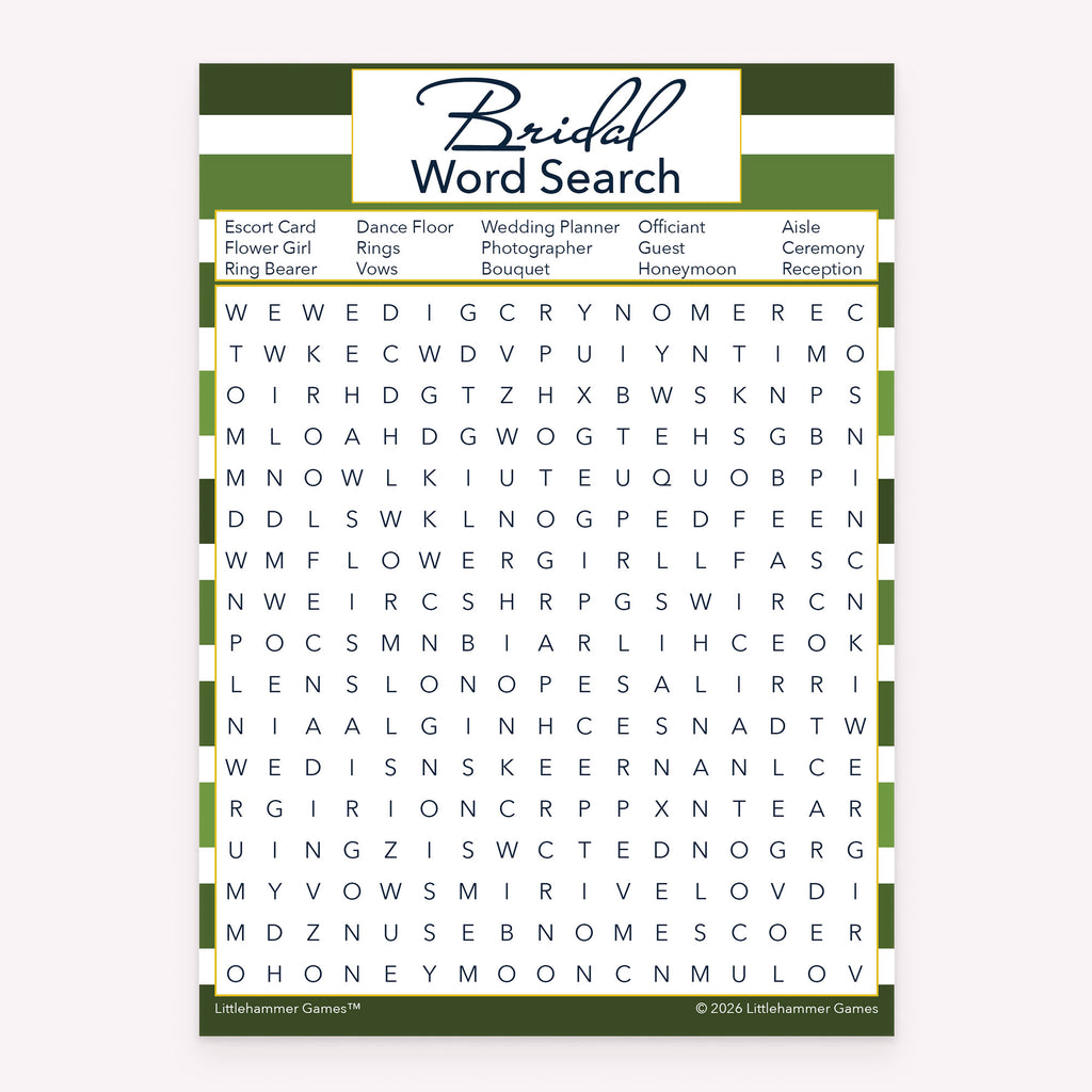 Printable bridal shower Bridal Word Search game card with green-striped design