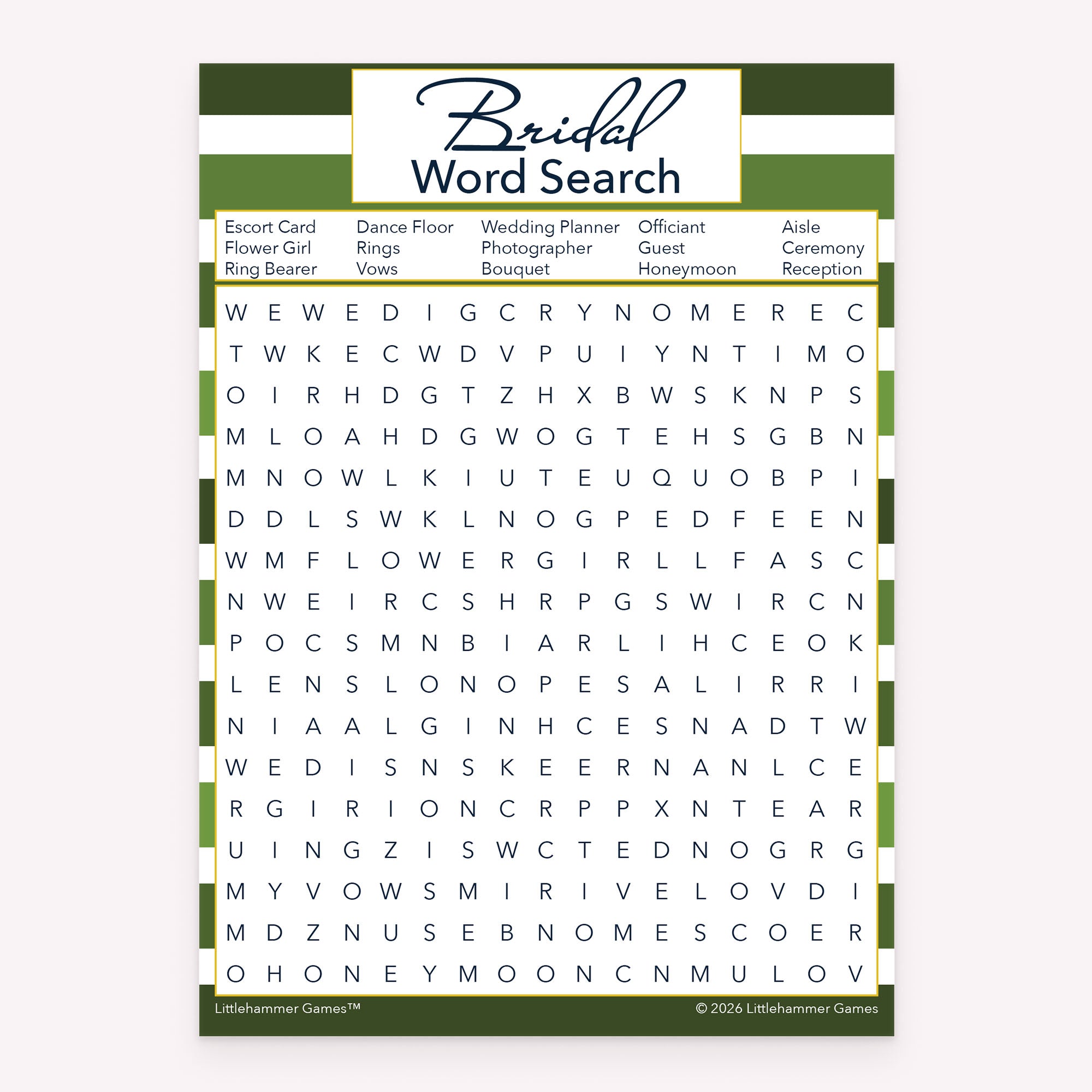 Printable bridal shower Bridal Word Search game card with green-striped design