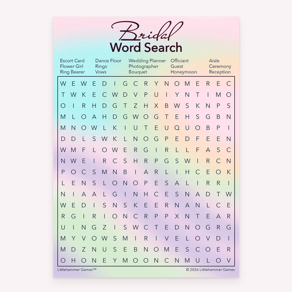 Hologram-themed Bridal Word Search printable bridal shower game card