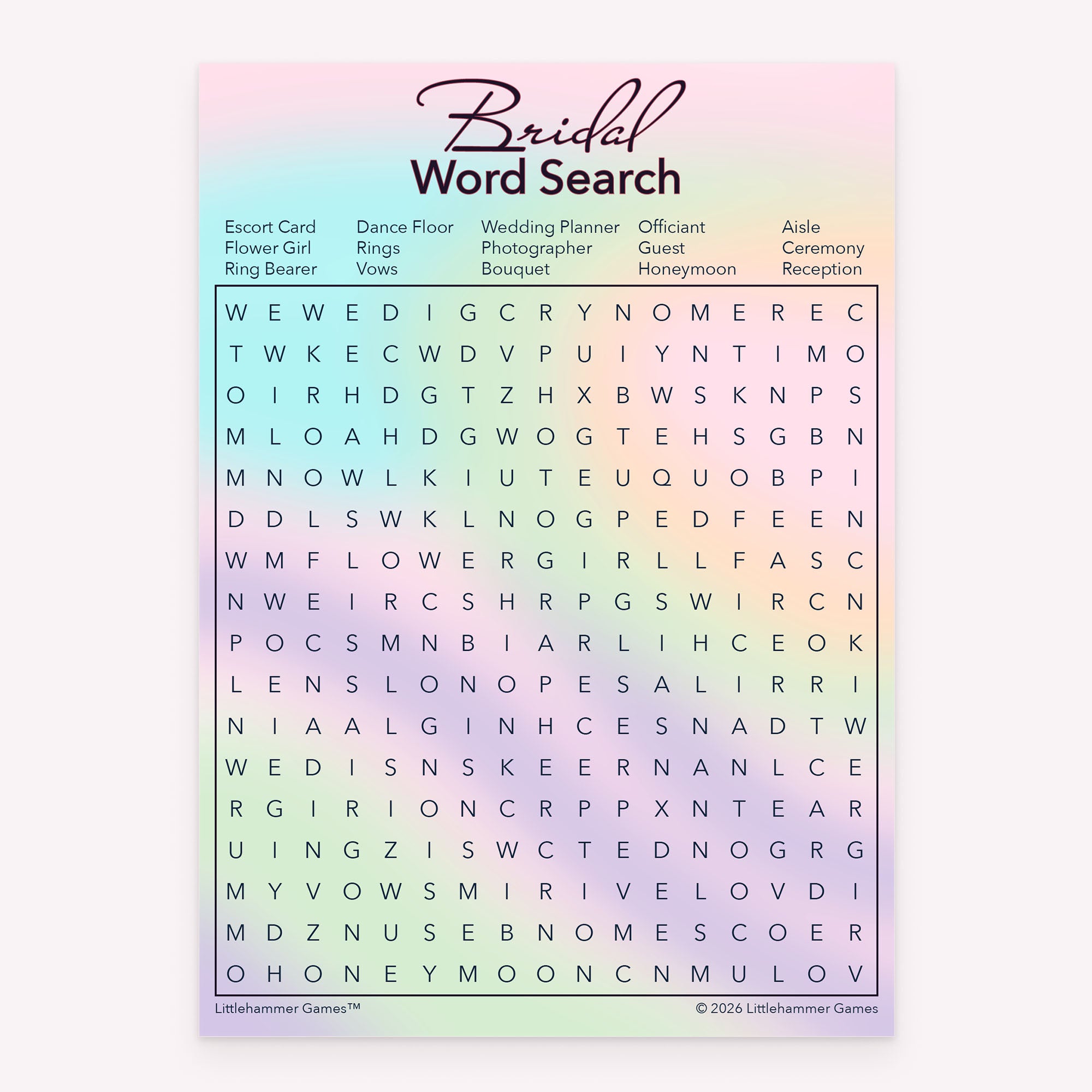 Hologram-themed Bridal Word Search printable bridal shower game card