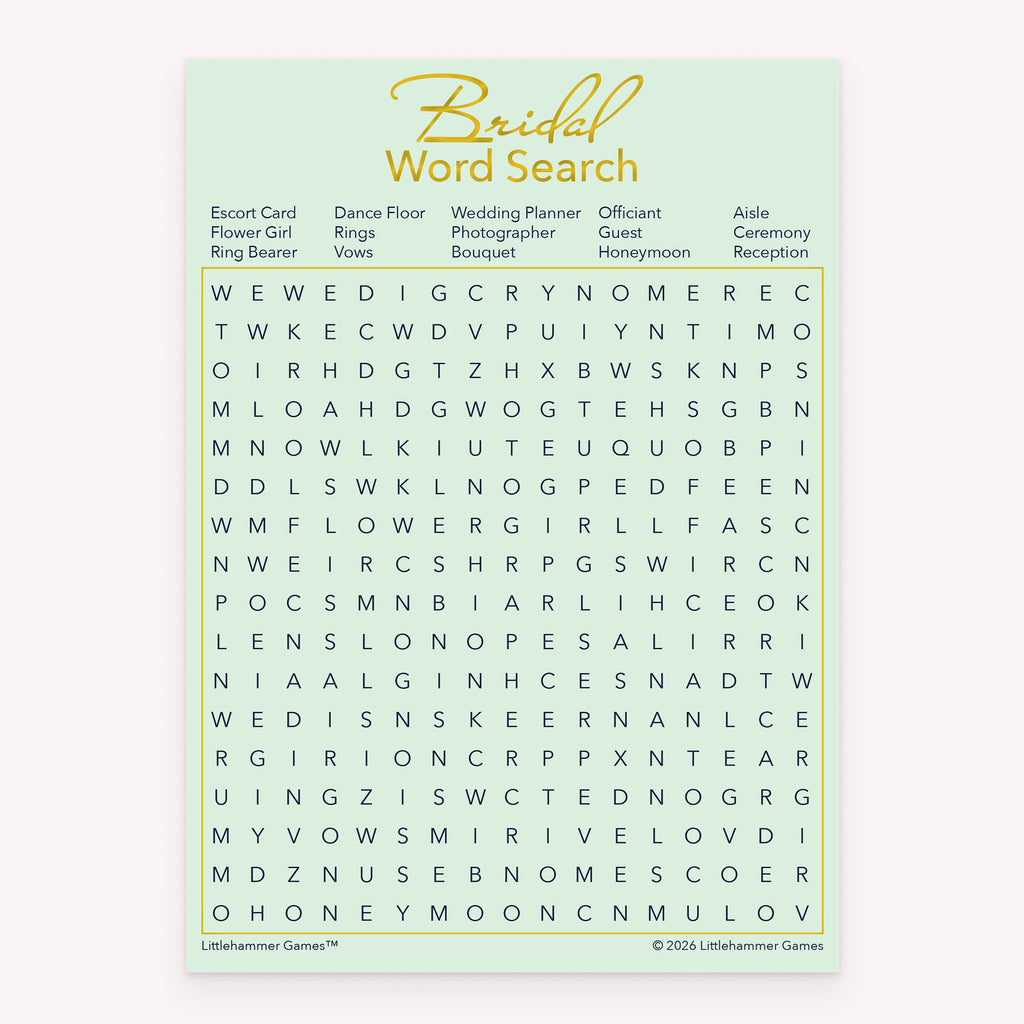 Mint and gold design bridal shower printable Bridal Word Search card