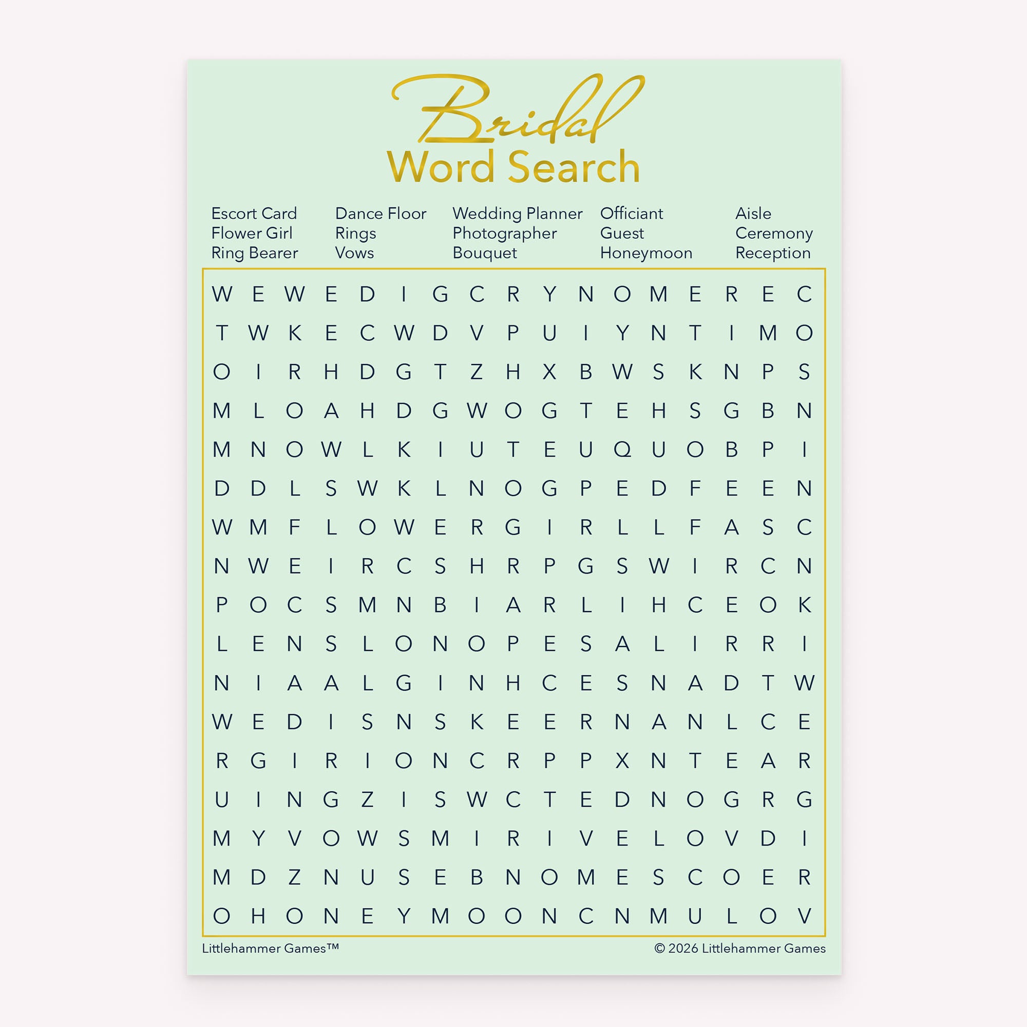 Mint and gold design bridal shower printable Bridal Word Search card