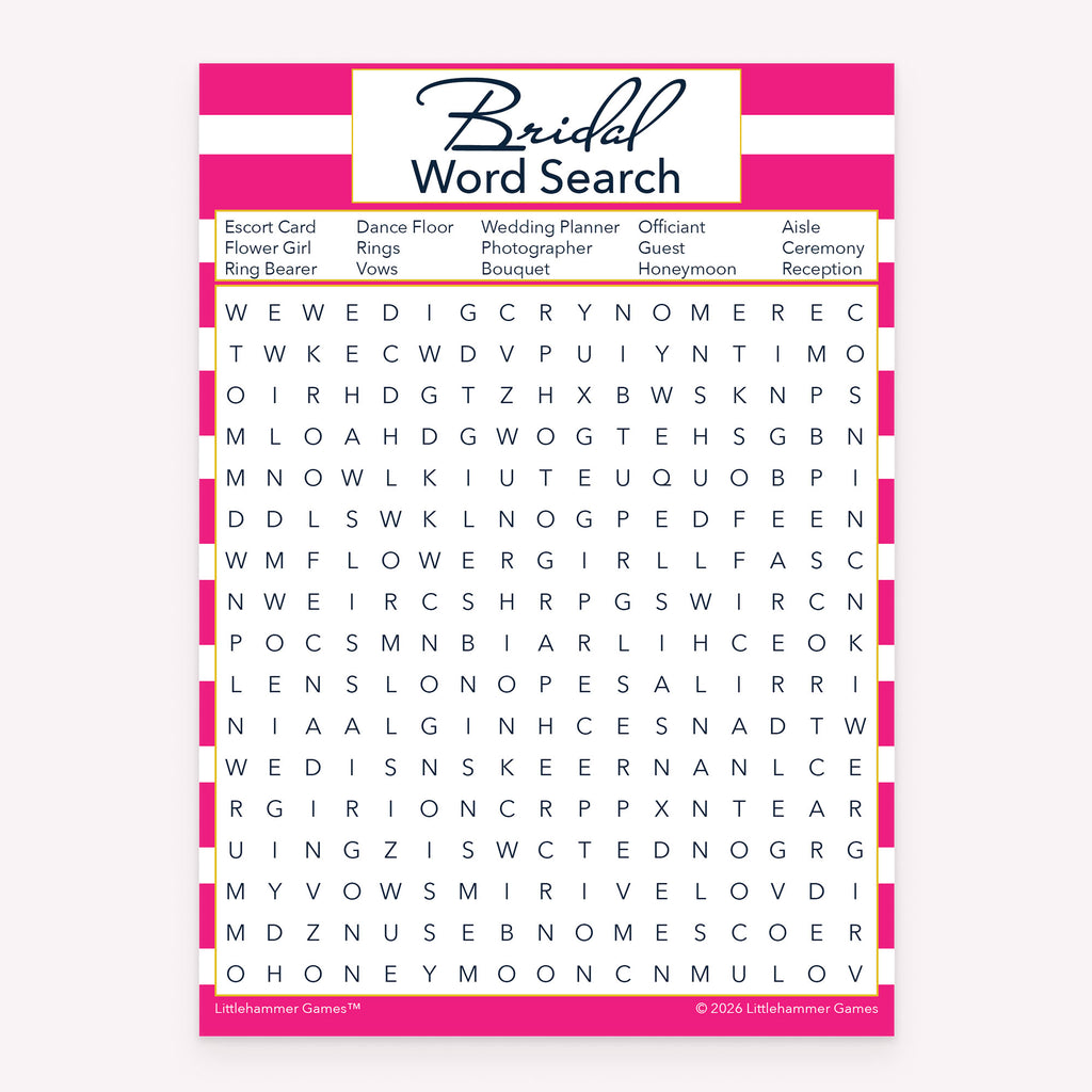 Pink stripe printable bridal shower Bridal Word Search activity card