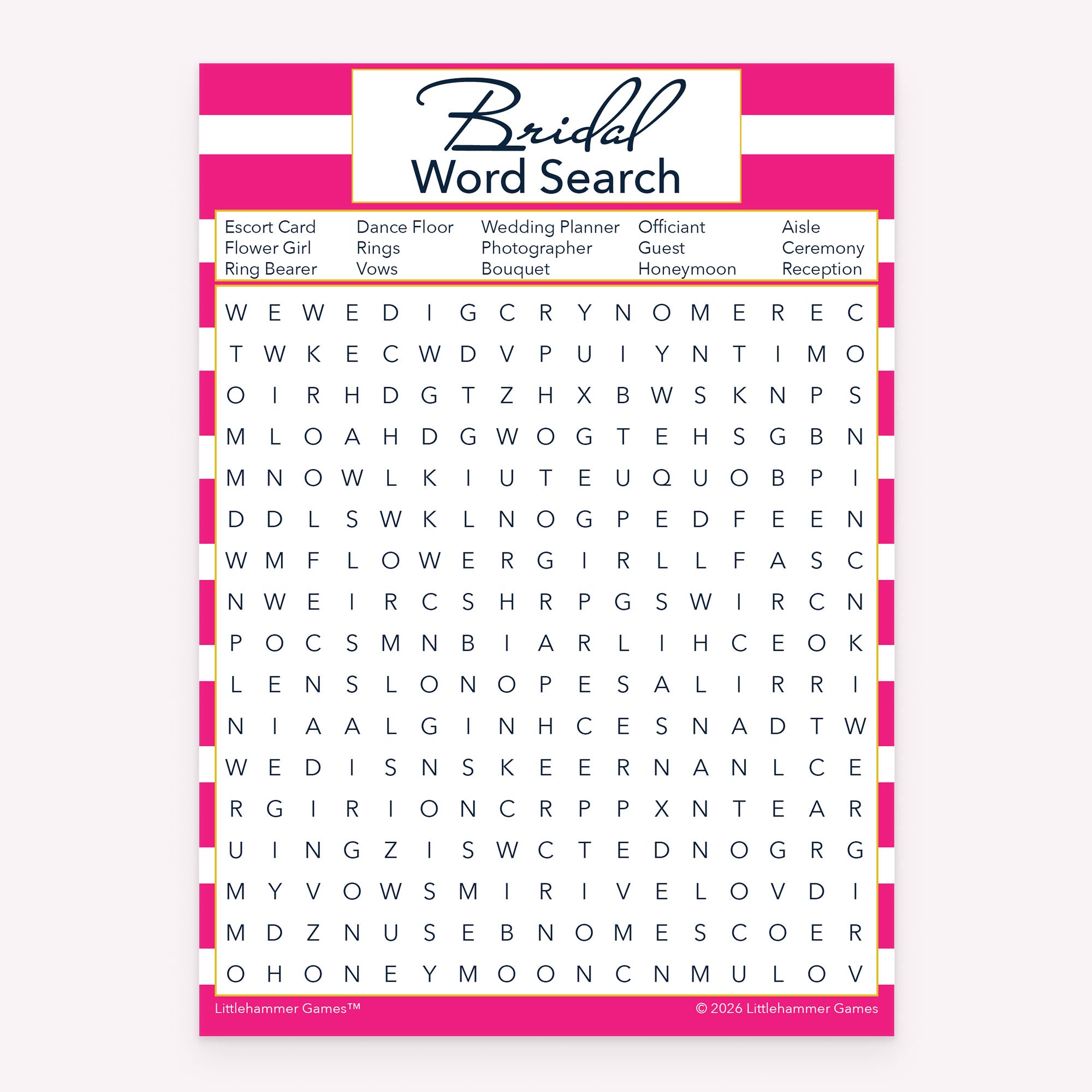 Pink stripe printable bridal shower Bridal Word Search activity card