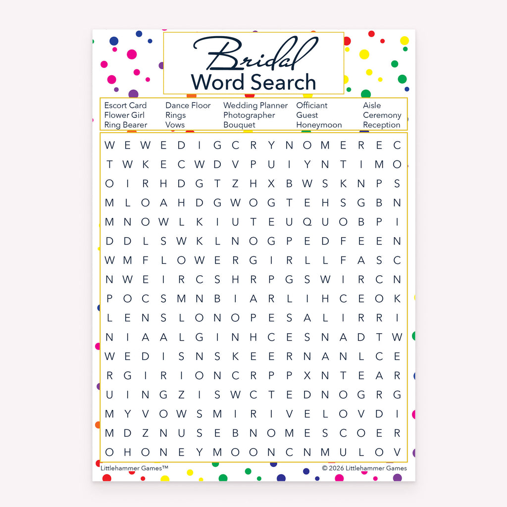 Bridal Word Search bridal shower printable game card featuring rainbow polka dot style
