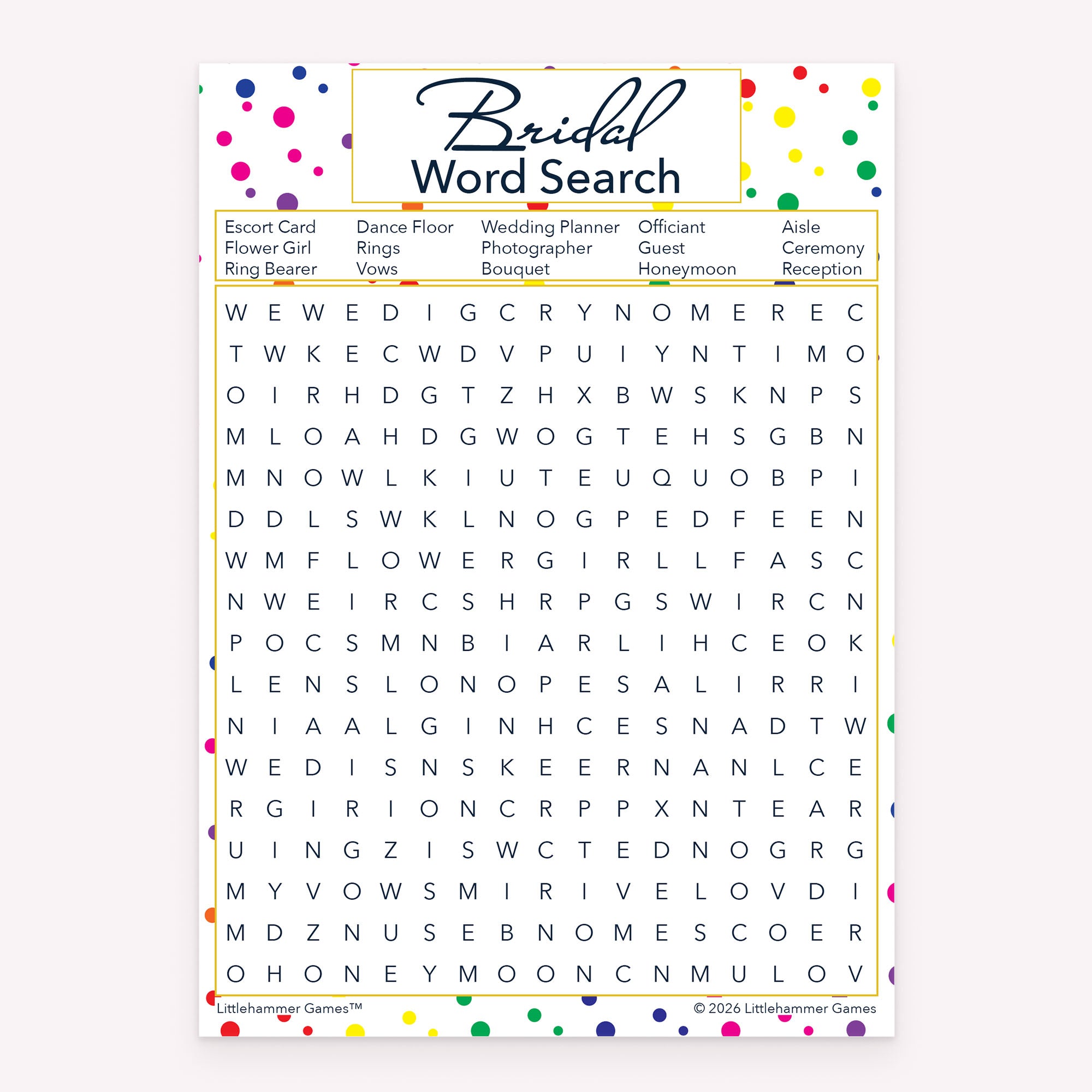 Bridal Word Search bridal shower printable game card featuring rainbow polka dot style