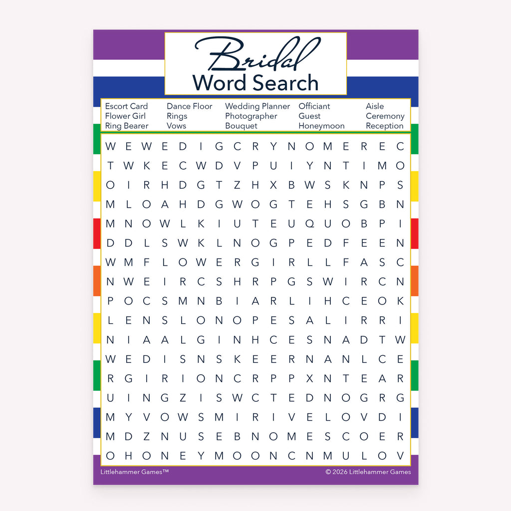Rainbow stripe printable Bridal Word Search bridal shower game card