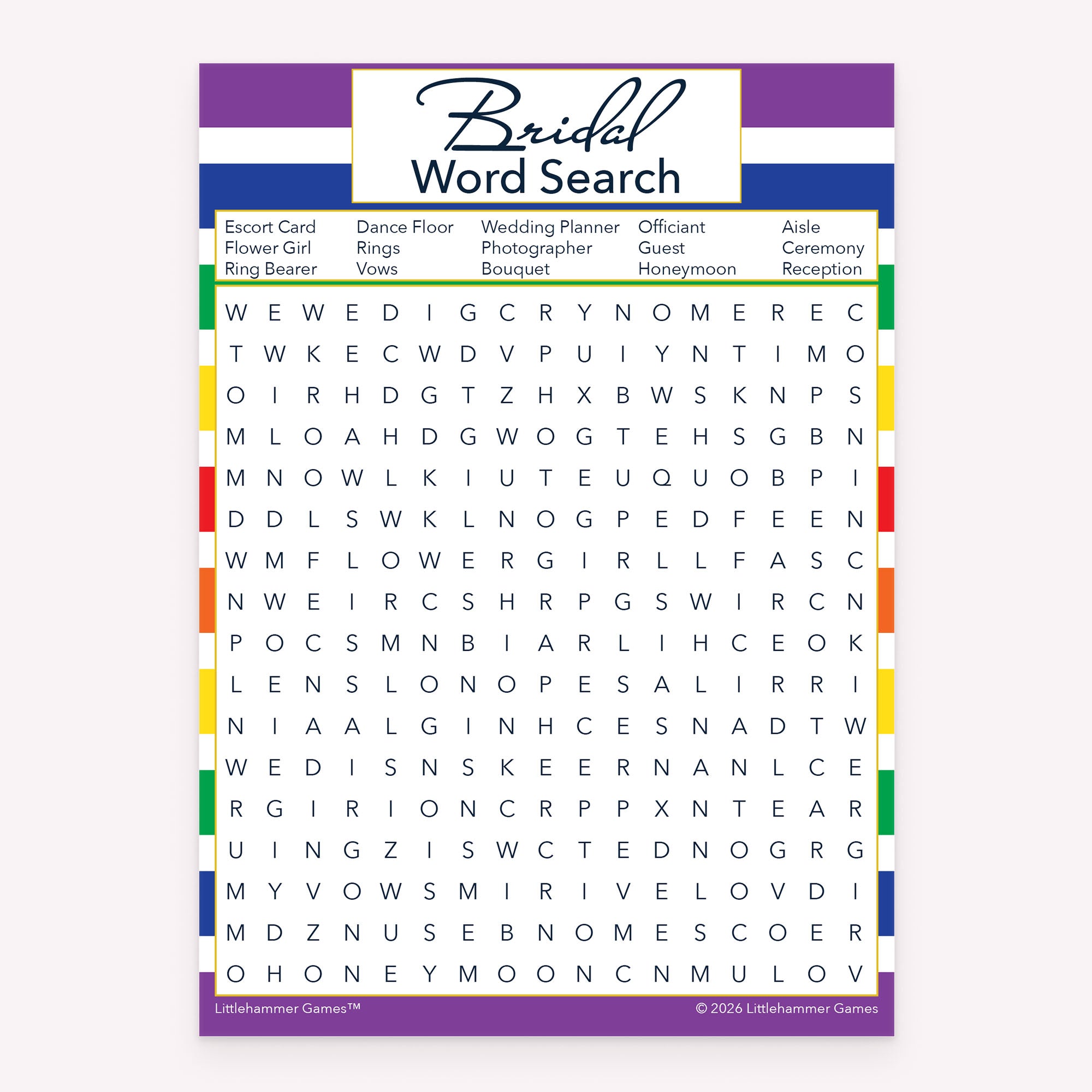 Rainbow stripe printable Bridal Word Search bridal shower game card