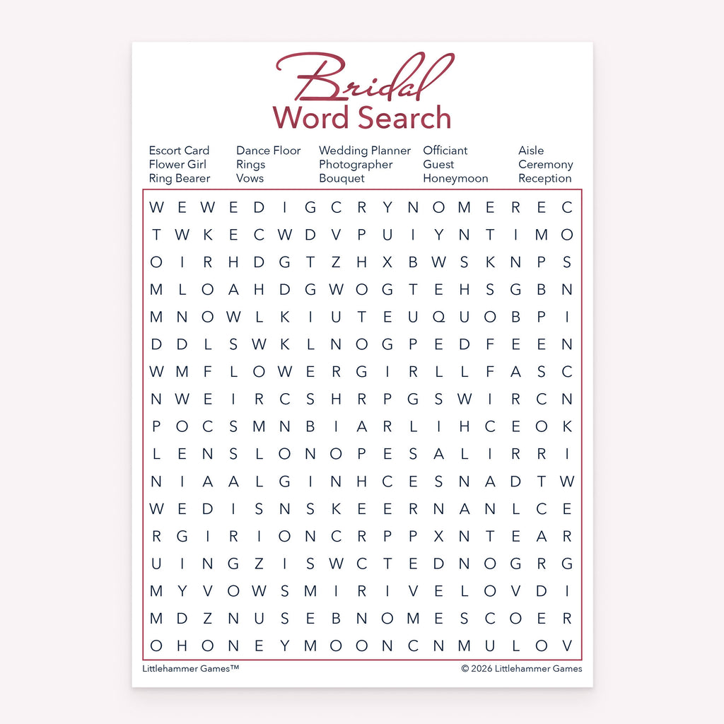 Bridal shower printable Bridal Word Search card featuring rose gold design