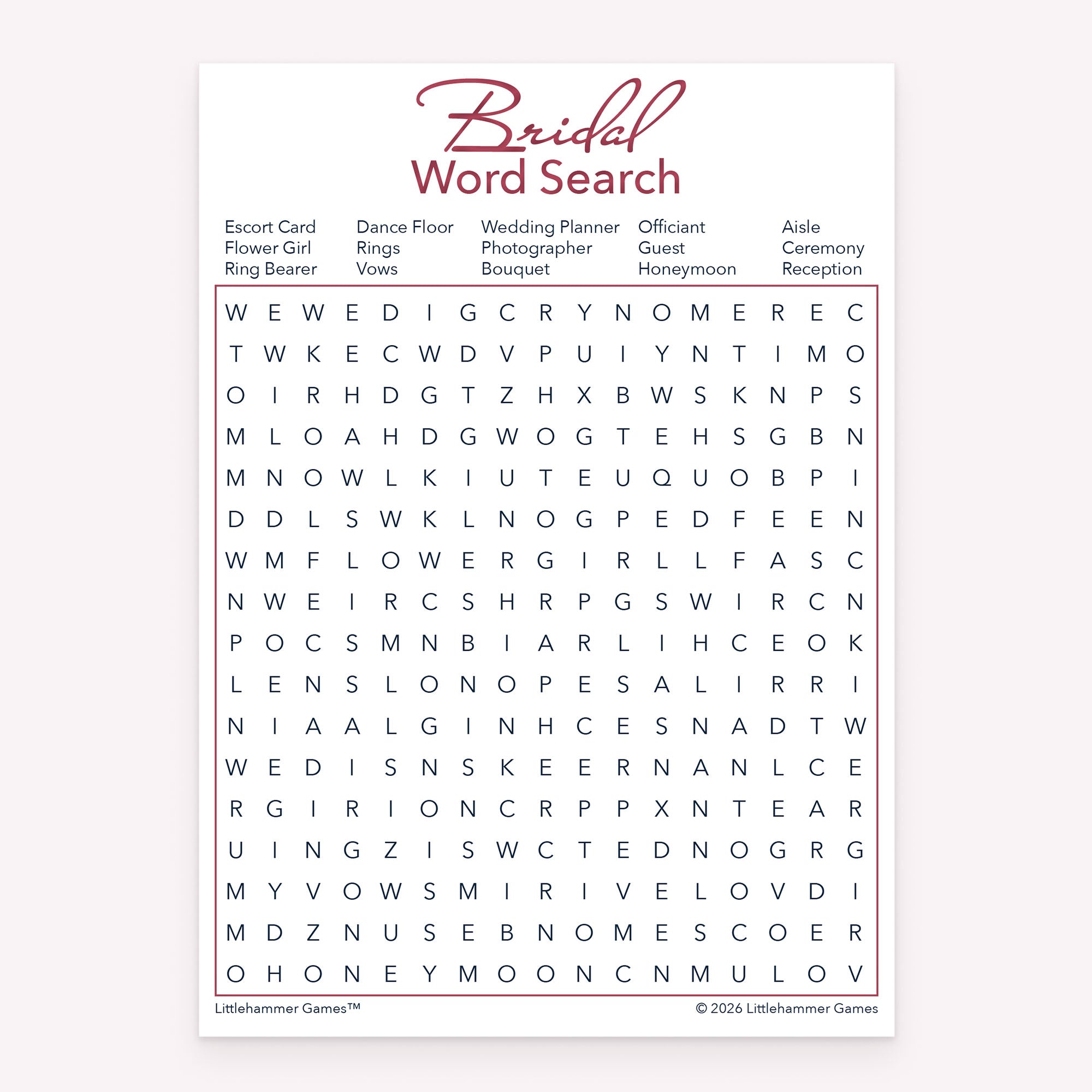 Bridal shower printable Bridal Word Search card featuring rose gold design