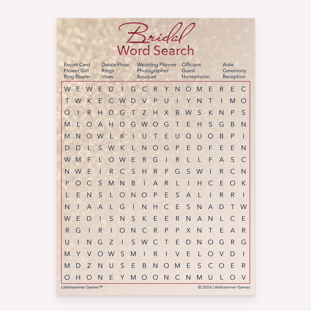 Glittery rose gold bridal shower Bridal Word Search printable game card layout