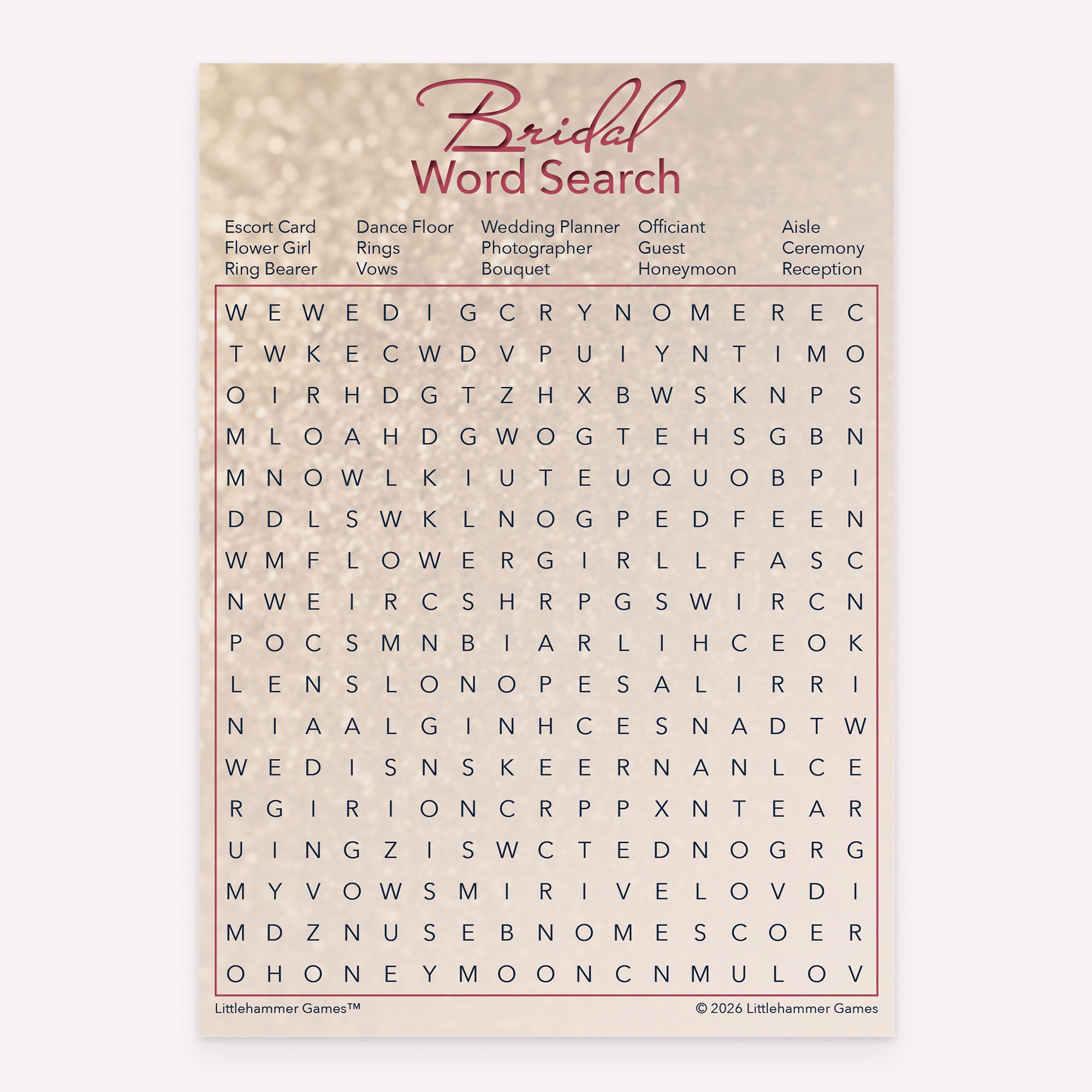 Glittery rose gold bridal shower Bridal Word Search printable game card layout