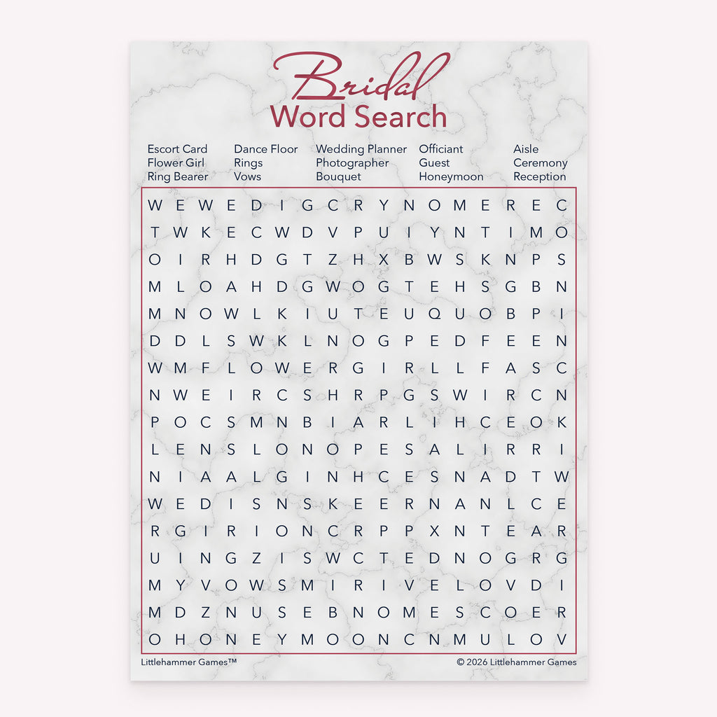 Bridal Word Search printable bridal shower activity in rose gold and marble style